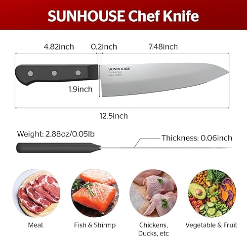 Miniatura 4 de Sunhouse Cuchillo de chef, cuchillo de cocina afilado de acero inoxidable de alto carbono de 7.5 pulgadas con mango ergonómico, mango moldeado de 2