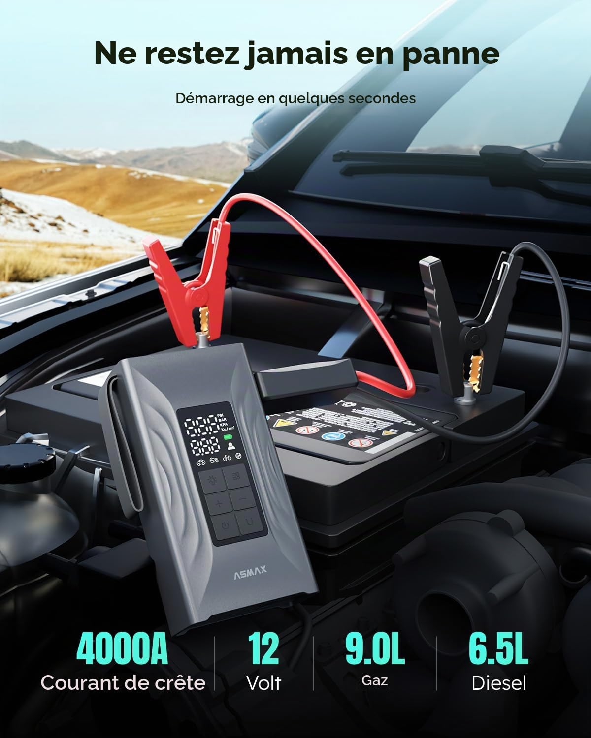 ASMAX Arrancador de Baterias de Coche 4000A, Compresor de Aire 150PSI, Arrancador de Coche 12V Para 9L de Gasolina o 8L de Diésel, Booster Con Pantalla LCD Grande, Para Coche/Camión/Moto - T20