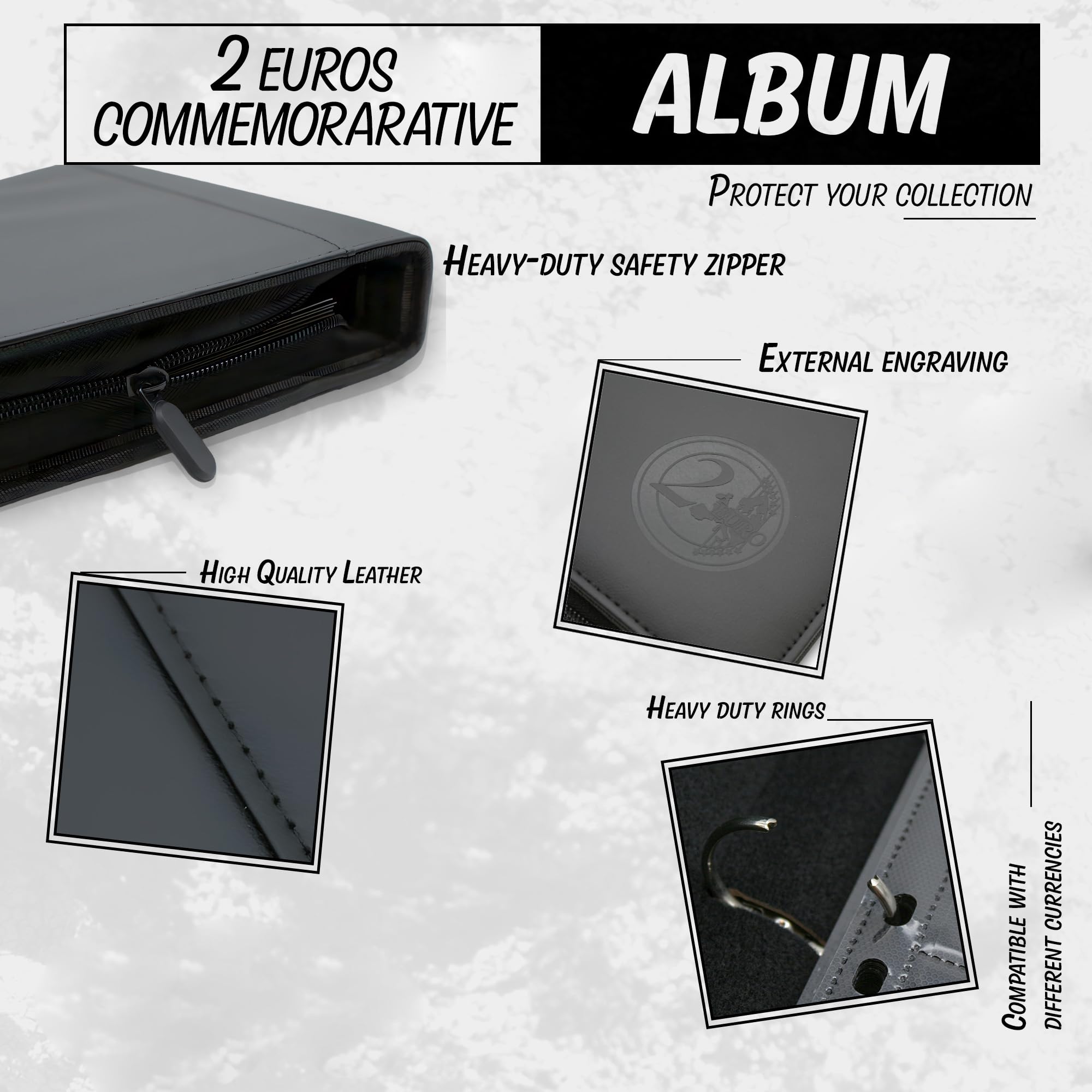 DOJA Barcelona | Album Monedas 2 Euros | Libro para Coleccionar Conmemorativas con Plantilla | 33x27x5cm | 480 Bolsillos para Dos Euro | Clasificador de Monedas Numismatica de Cuero PU con Cremallera