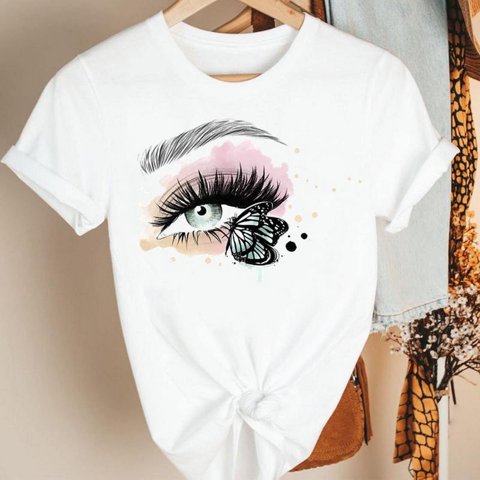 MOGSA T-shirt d'été à manches courtes pour femmes - Joli œil de cils - Dessin animé - 20, M