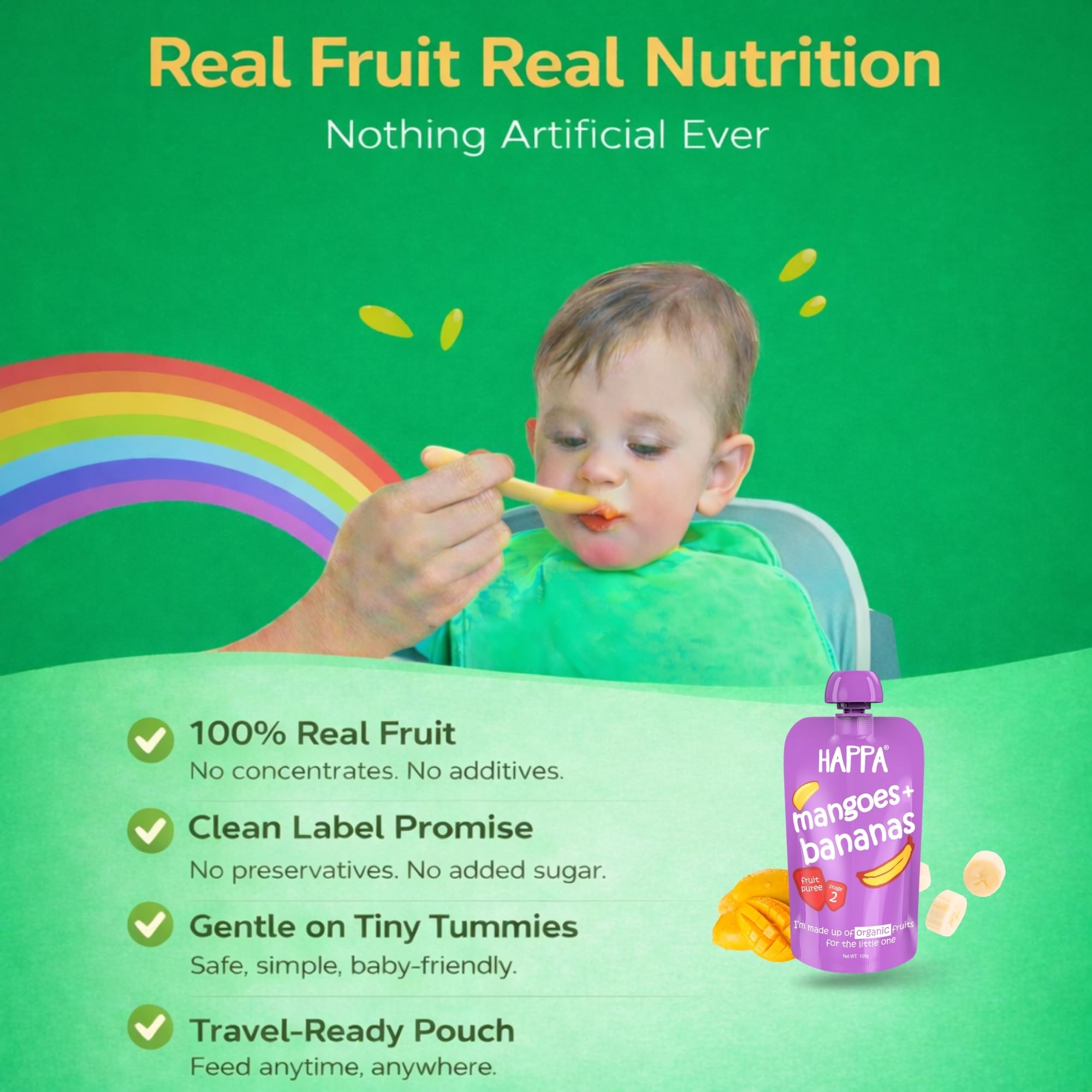 Happa Organic Baby Food Mango and Banana Puree | 100% Fruits | No Added Sugar, No Milk Powder, No Preservatives | Stage 2 (6 Months+) | Ready to Eat | Free from Common Allergens | Pack of 1 (100g Pack) 3