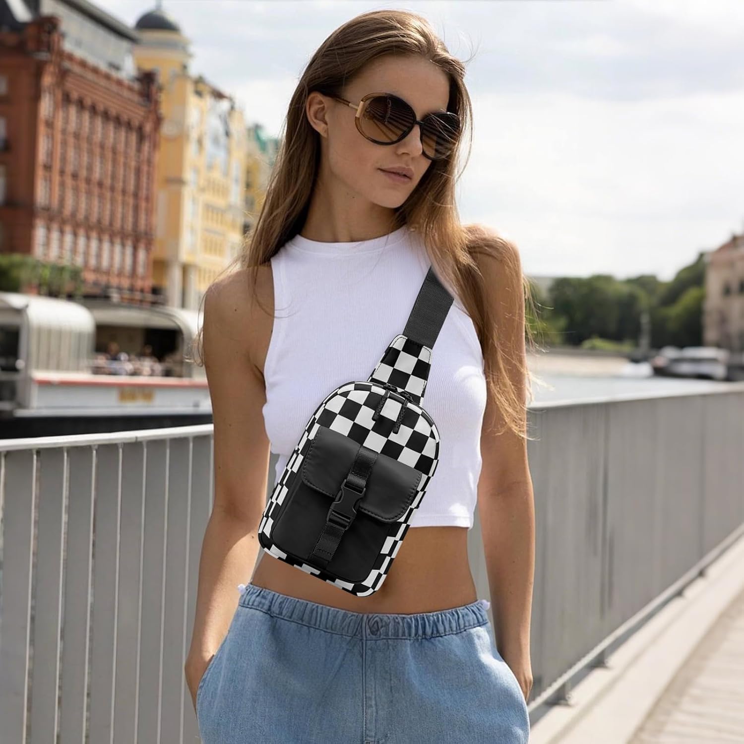 BIAOTIE Small Sling Bag for Women Nylon Cross body Bags Sling Backpack Purse for Travel (Black Checkered) - Image 6