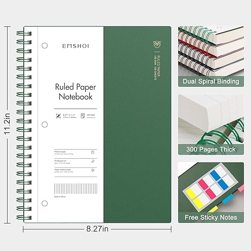Miniatura 2 de EMSHOI Cuaderno de espiral con rayas universitarias de 8.5 x 11 pulgadas, 300 páginas150 hojas perforadas fáciles de rasgar, papel grueso perforado