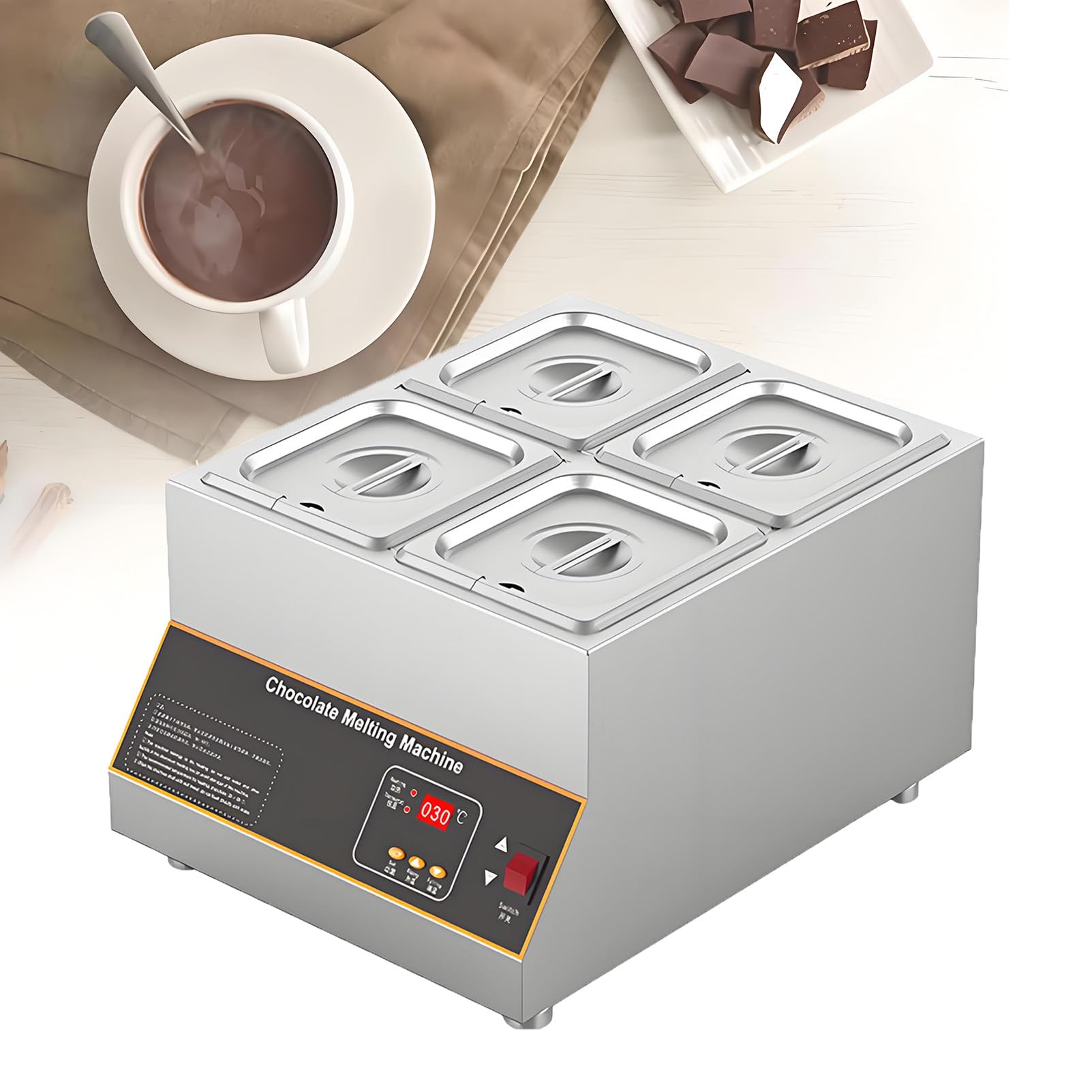 Tempéreuse a Chocolat, Appareil Électrique Professionnel de Fonte et Maintien Au Chaud (500 W, 0-95 °C), avec Commande Numérique, pour Faire Fondre et Chauffer Chocolat, Lait ou Crème 4pots