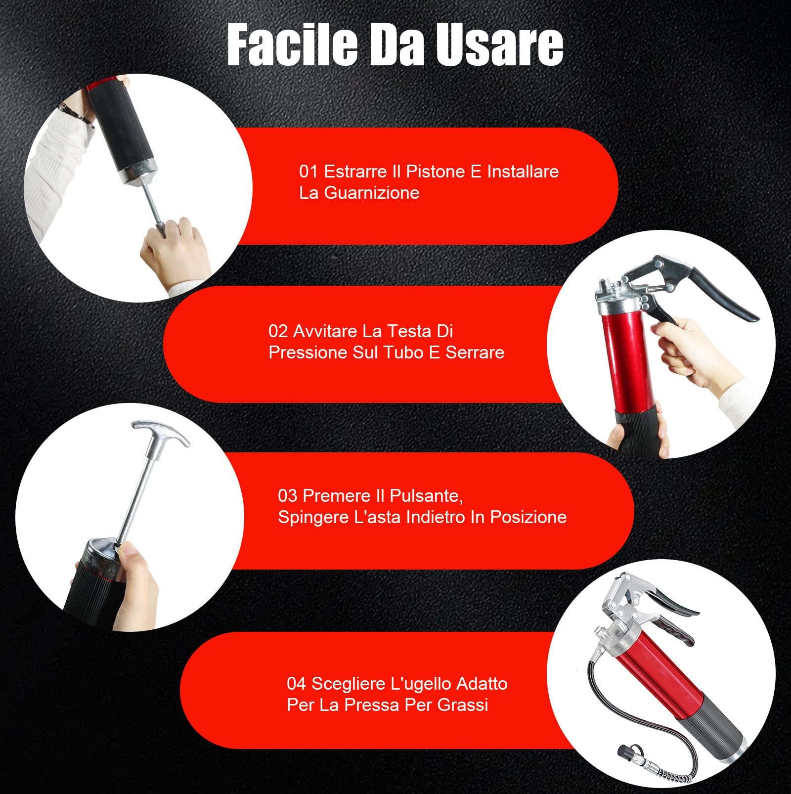 Pistola per Grasso Manuale 8000 PSI con Attacco Rapido, Tubo Flessibile, Tubo Metallico di Estensione e Ugello Affilato, Kit Ingrassatore per Auto, Veicoli e Attrezzature Industriali, Cartuccia 400g