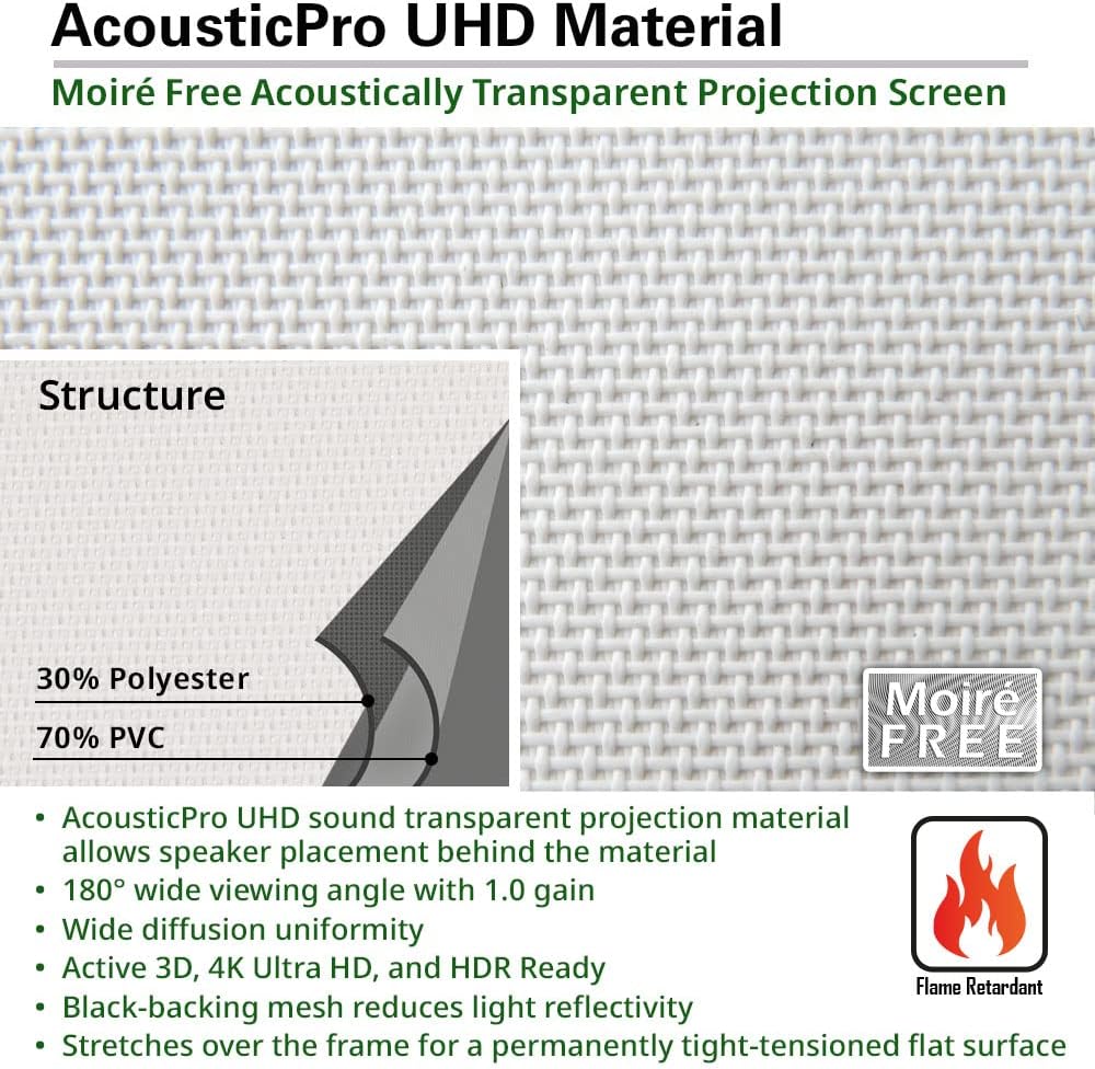 AcousticPro UHD Material Moiré Free Acoustically Transparent Projection Screen a - ny > al ial. PO OE EO ee Structure eae SlaLeLelelelele.: 30% Polyester 70% PVC * AcousticPro UHD sound transparent projection material allows speaker placement behind the material * 180° wide viewing angle with 1.0 gain * Wide diffusion uniformity * Active 3D, 4K Ultra HD, and HDR Ready * Black-backing mesh reduces light reflectivity * Stretches over the frame for a permanently tight-tensioned flat surface Flame Retardant Elite Screens 125″ /></p>
<p>The AcousticPro UHD is a projection screen material that is acoustically transparent, meaning that sound can pass through it without being obstructed. This makes it ideal for placement in front of speakers, as the sound will not be muffled. The material has a wide viewing angle of 180° and a 1.0 gain, meaning that it will diffuses light evenly. It is also ready for use with active 3D, 4K Ultra HD, and HDR technologies. The black-backing mesh on the material reduces light reflectivity, and it can be stretched over a frame for a permanently tight-tensioned flat surface. The material is also flame retardant.</p>
<hr>
<p><img decoding=