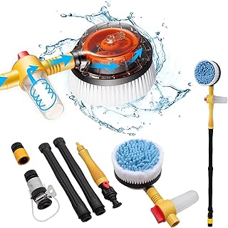 Fochutech Rotating Car Wash Brush with Soap Dispenser & Hose Attachment, Soft Bristle Car Spin Mop Washing Scrub Brush Long Handle, Water Flow Through High Pressure Car Cleaning Brush Kit (Yellow)
