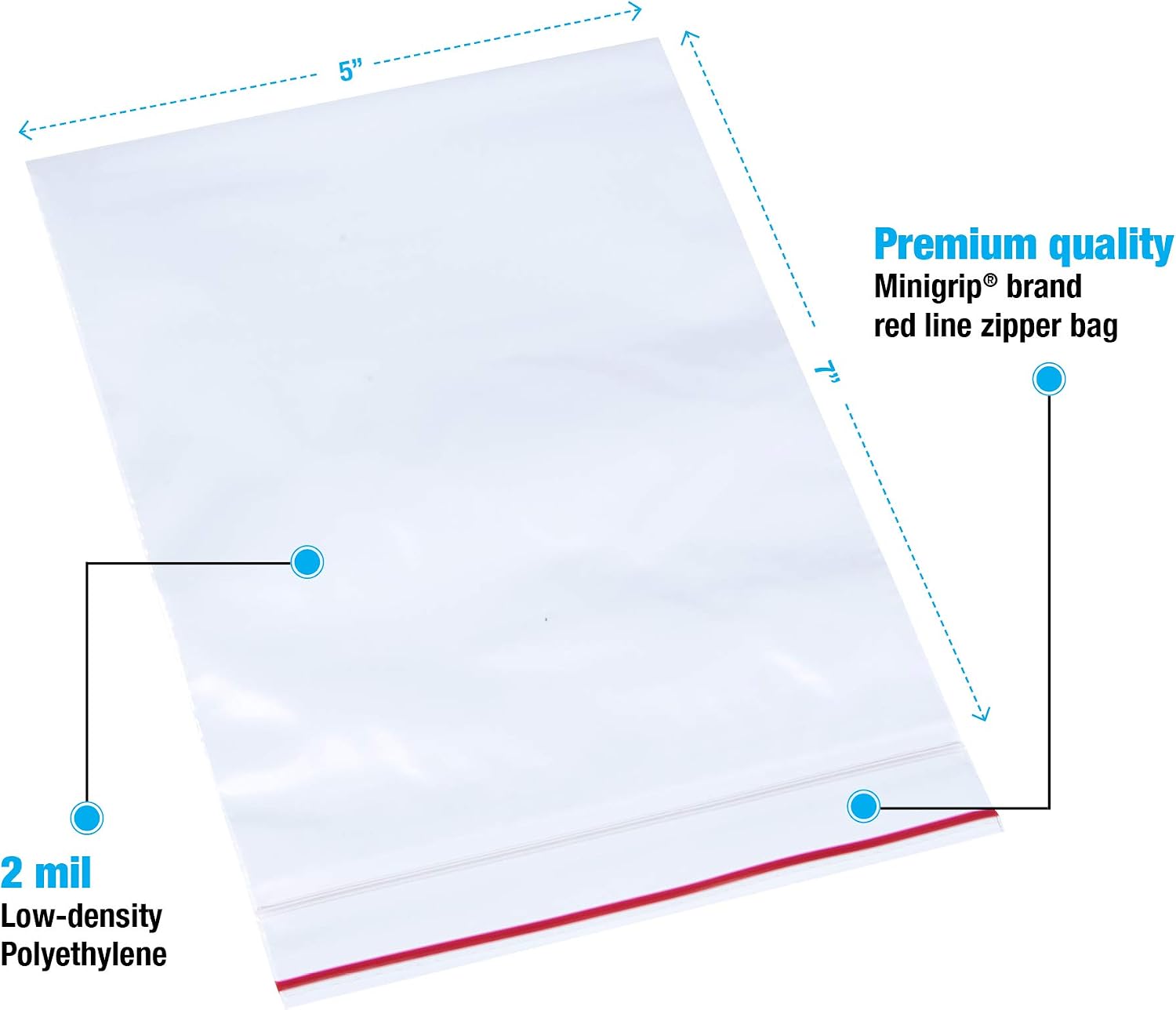 Minigrip Red Line MGRL2P0507 Polyethylene (LDPE/LLDPE Blend) Clear Reclosable Bag, 7" Length, 5" Width (Pack of 1000)