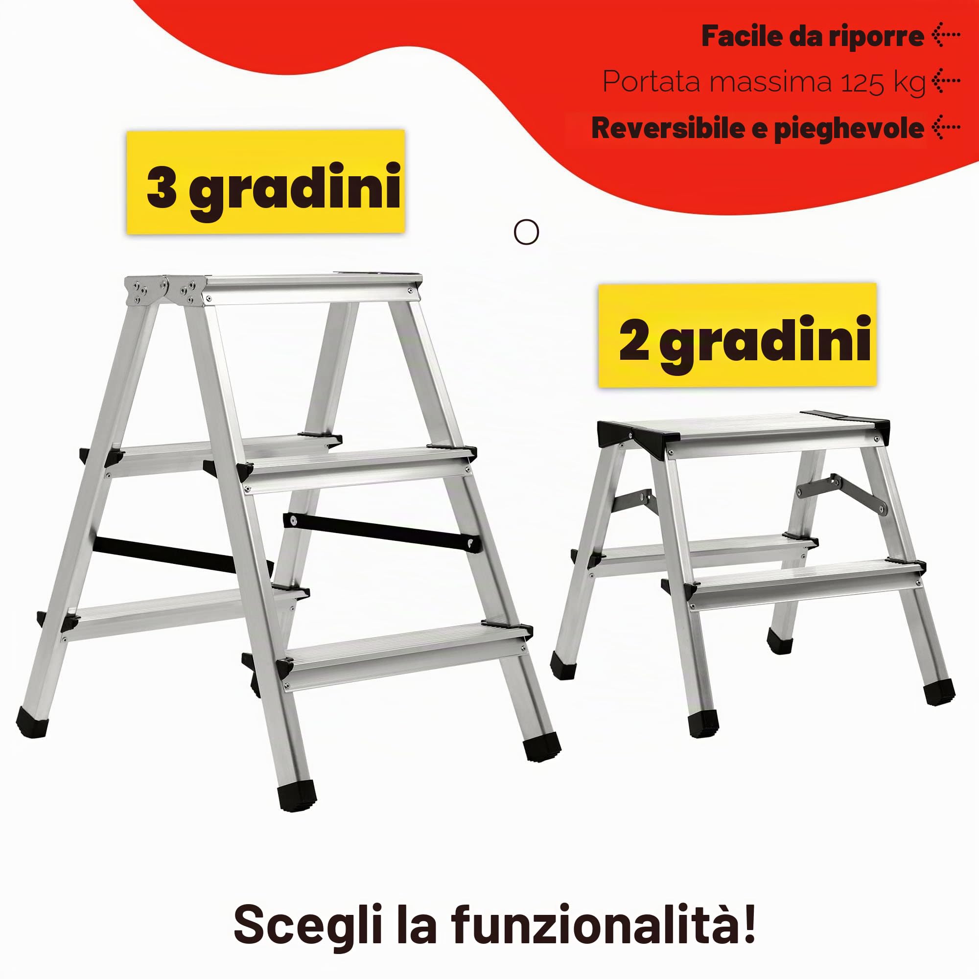 KADAX Scaletta Pieghevole in Alluminio, Scala Doppia a Pioli con Piattaforma Antiscivolo, Gradini Larghi e Struttura Leggera, Fino a 125 kg (2 Gradini)