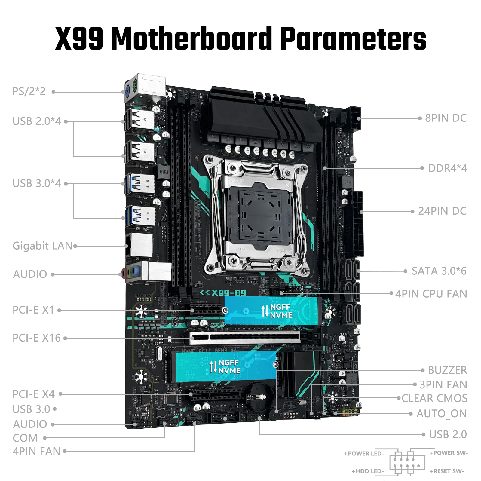 SHANGZHAOYUAN X99 B9 Mainboard Kompatibel mit LGA 2011-3 Intel Xeon E5 V3/V4 Core i7 Serie CPUs (DDR4 Max 128GB, PCIe 3.0, NVME/NGFF M.2, Gigabit LAN, SATA 3.0, USB 3.0) M-ATX PC Server Motherboard