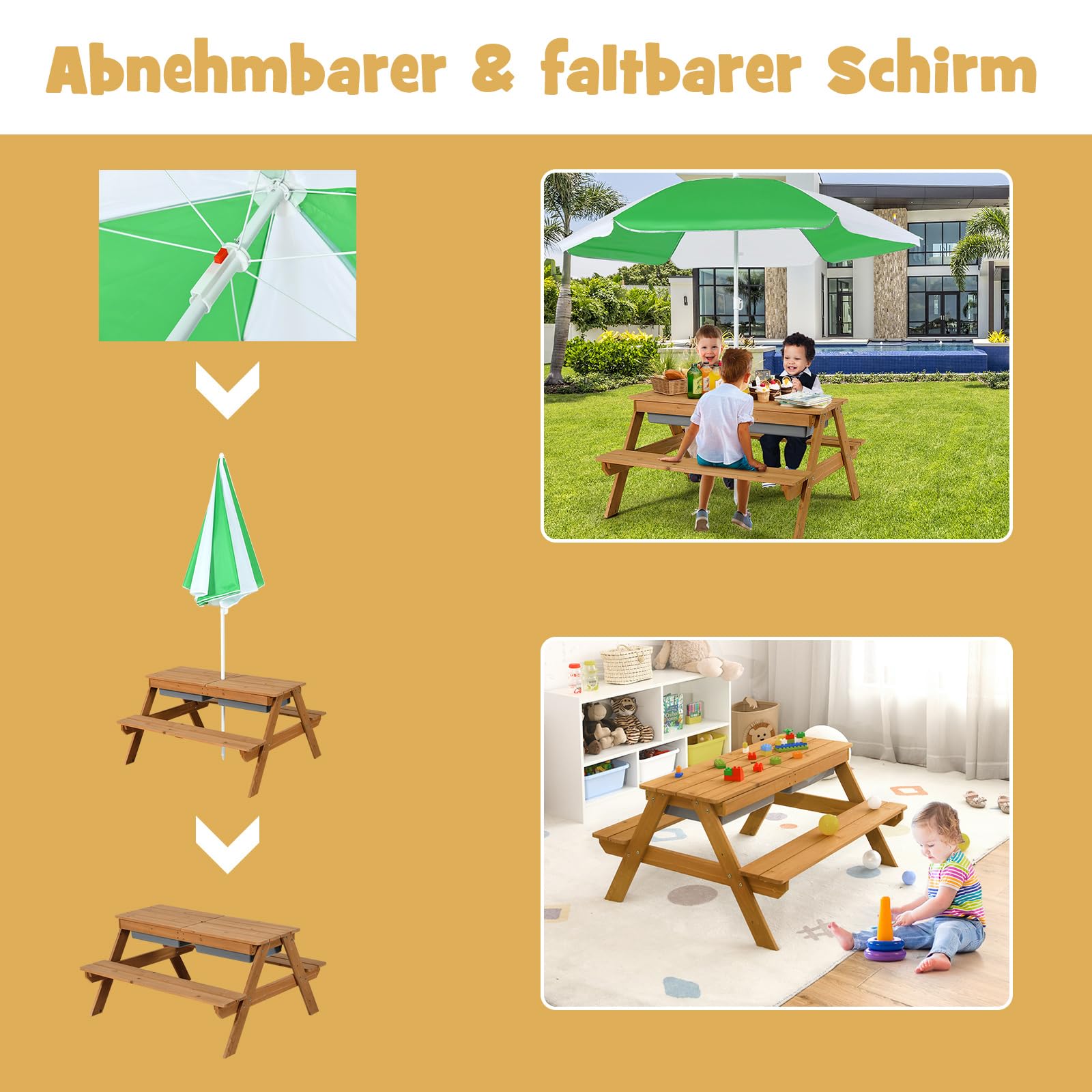 COSTWAY 3 in 1 Kinder Picknicktisch, Gartentisch mit Sonnenschirm & Bänke, Kindersitzgruppe Outdoor aus Holz mit Abnehmbarer Tischplatte & 2 Spielboxen für Garten, Hinterhof, Terrasse (Weiß+Grün)
