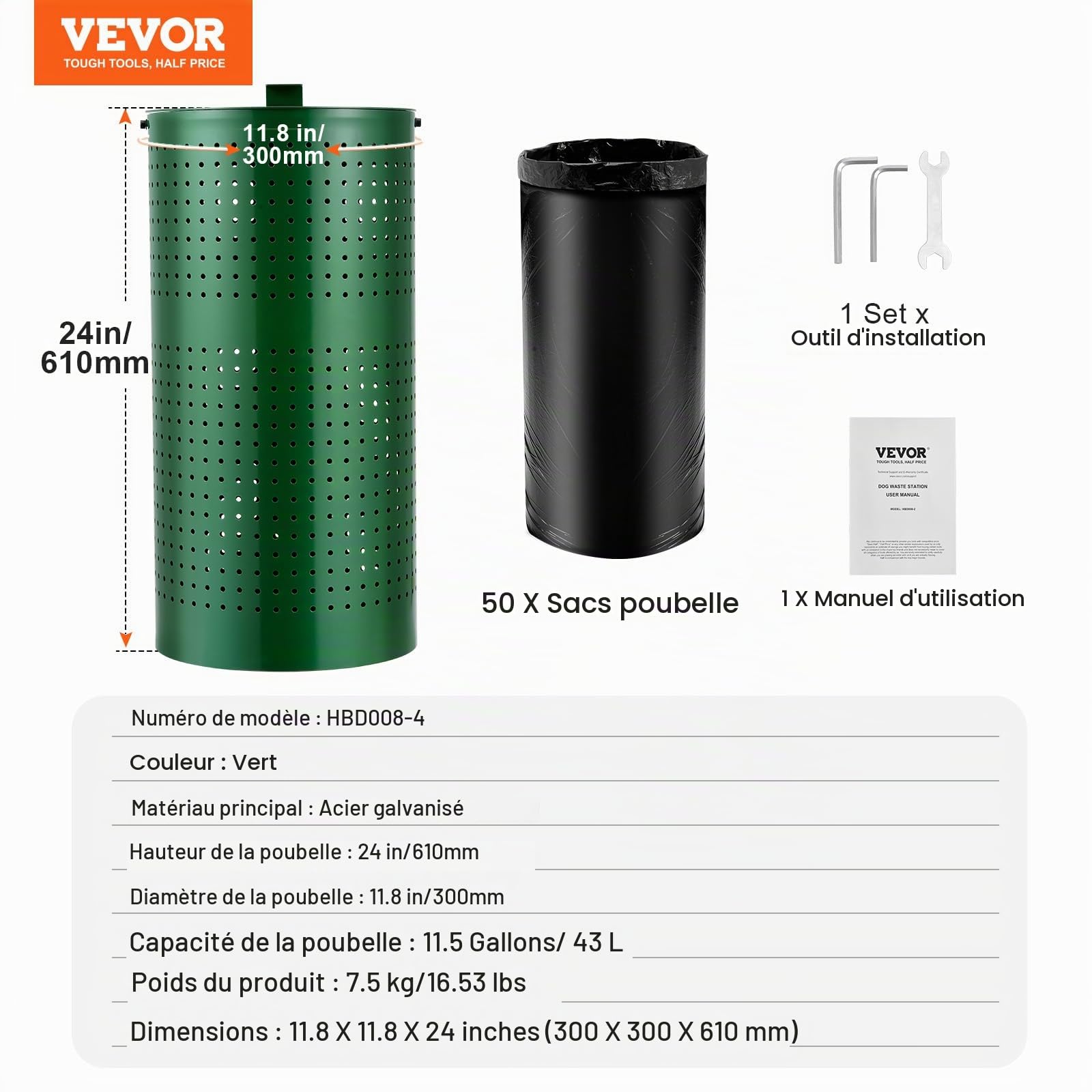 VEVOR Poubelle à Crottes Chien, 43 L, Poubelle à Déjections Canines avec Couvercle, 50 Sacs de Doublure, pour Élimination de Déjections d'Animaux de Compagnie, Jardin, Arrière-cour, Parc, Extérieur