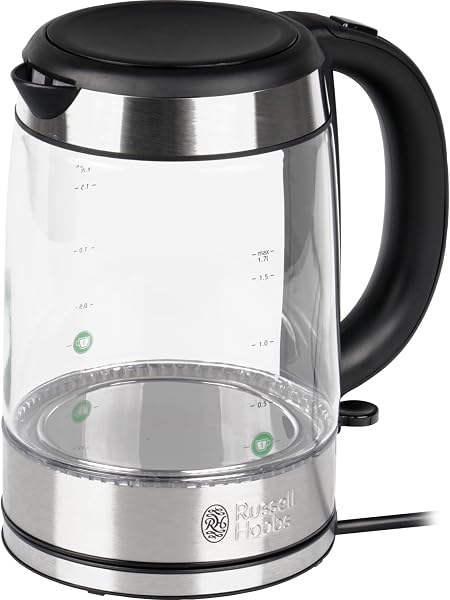 Russell Hobbs czajnik elektryczny, moc 2200W, 1.7L, wymienny filtr antywapienny, strefy szybkiego gotowania, szklany, ochrona przed pracą bez wody, podświetlany na niebiesko, Glass 21600-57