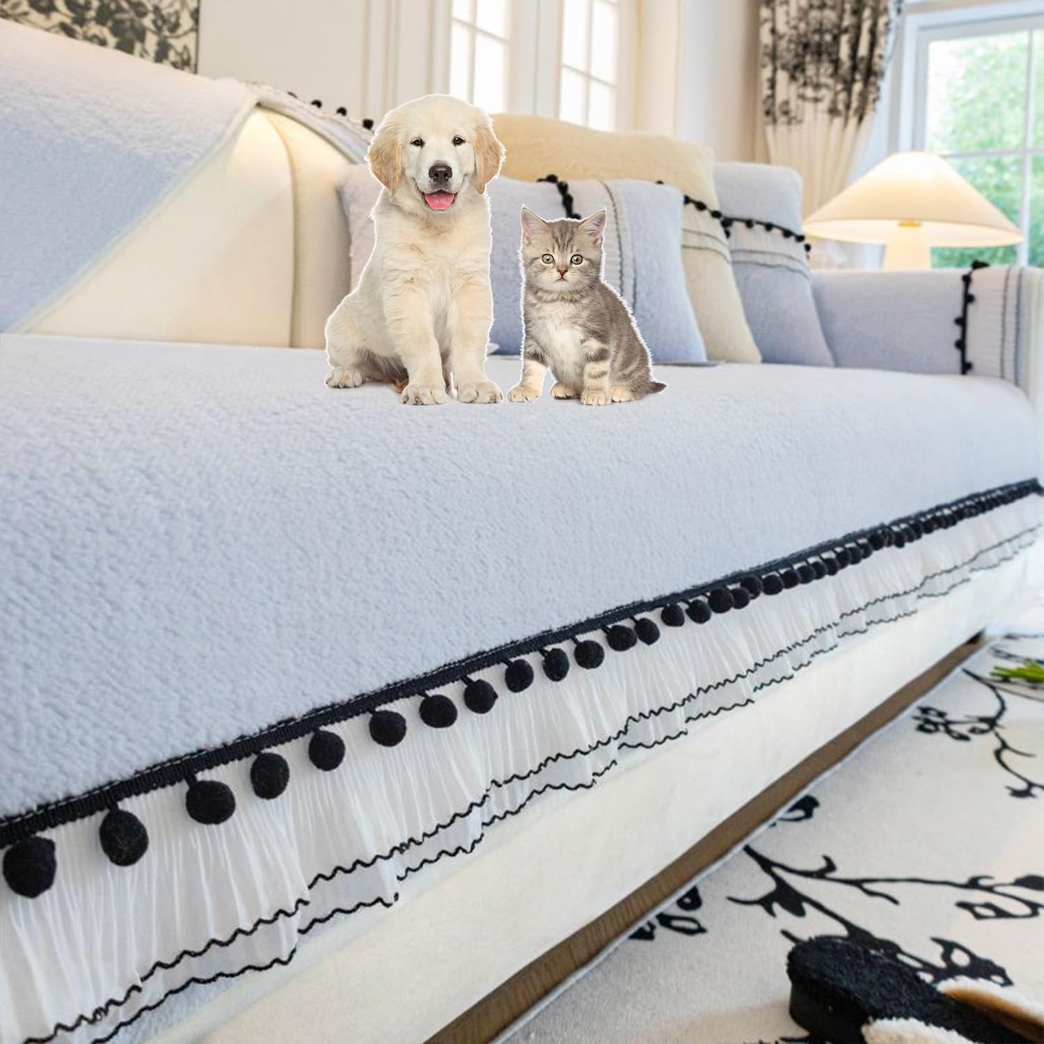 Housse de canapé d'angle en peluche chic bleu 110x110 cm avec élégante bordure dentelle