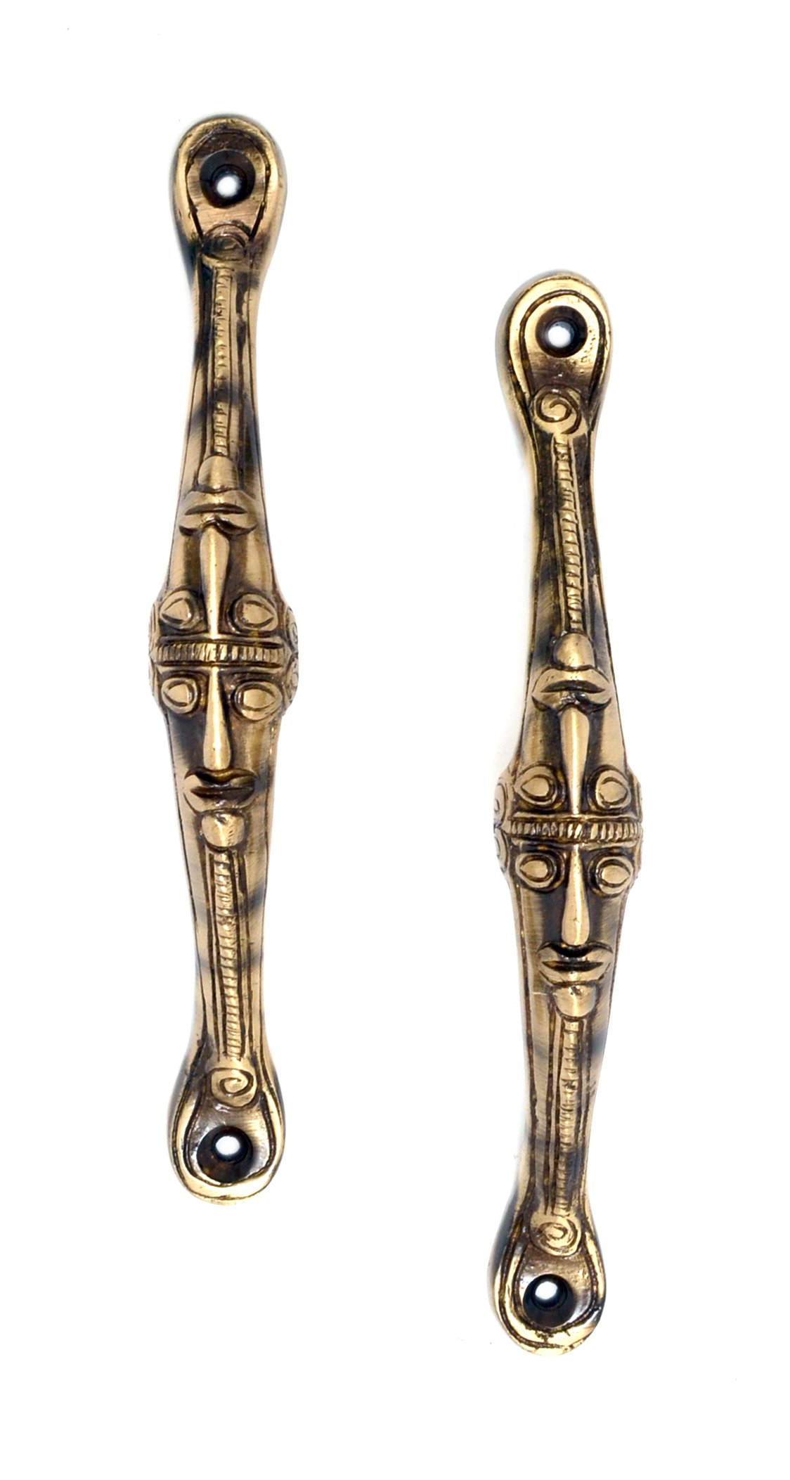 Two Moustaches Brass Tribal Face Handle Pair (Standard Size; Antique Brown), Standard, Pack of 2