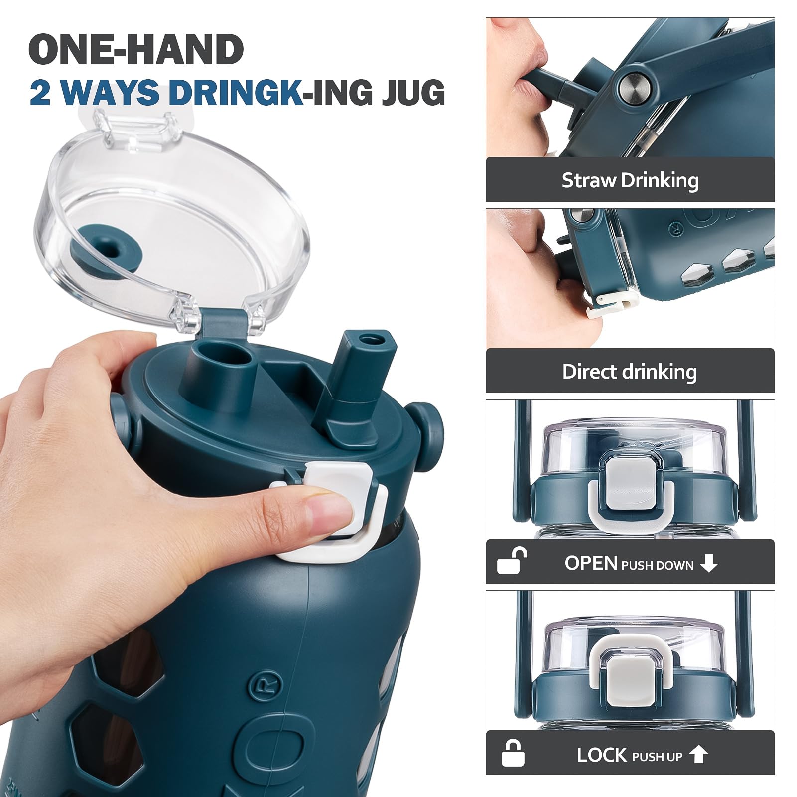MUKOKO Glas-Wasserflaschen mit Strohhalm und Deckel, motivierender Wasserkrug mit Zeitmarkierungs-Erinnerung und Silikonhülle, 100 % auslaufsicher, BPA-frei, für Fitness, Sport, große Flasche, Blau