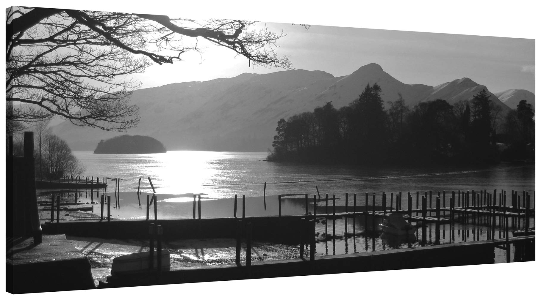 Pixel Zone Jetty at Derwentwater Lake District Landscape Black and White Canvas Panoramic Picture 96cm x 46cm (38 x 18 inches)
