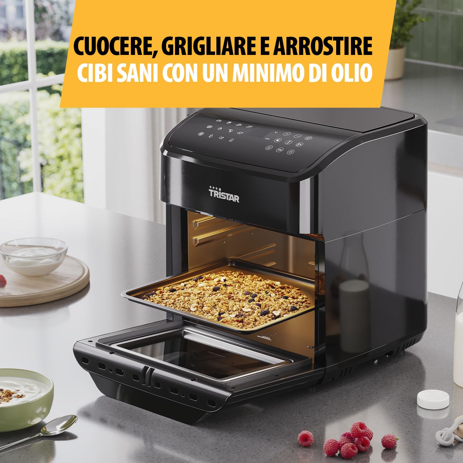 Tristar Mini forno e friggitrice ad aria calda, friggitrice ad aria 2 in 1, senza BPA, 12 L, 12 programmi, finestra di visualizzazione, 1800 W, FR-9065