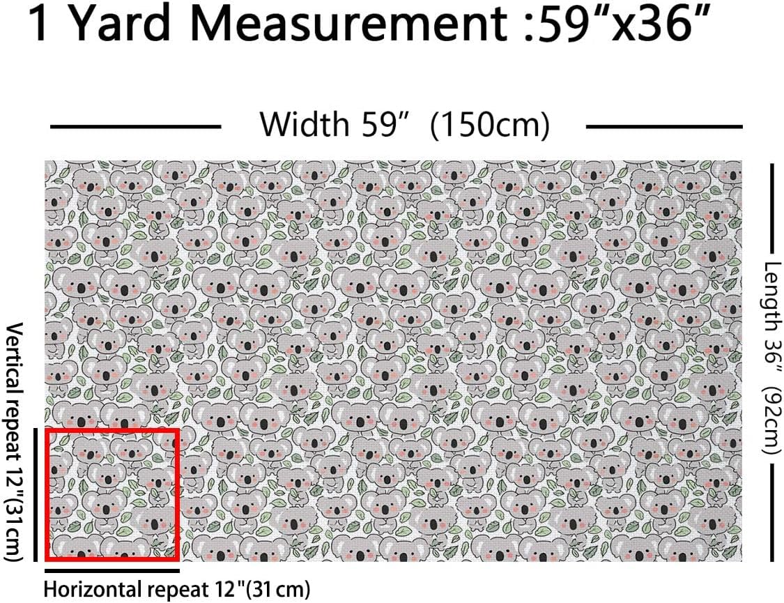 Kids Cute Koala Fabric by The Yard, Cartoon Koala Bear Upholstery Fabric for Chairs Sofa, Kawaii Wild Animals Decorative Fabric, Green Botanical Leaves DIY Quilt Fabric for Sewing, 3 Yards, Grey