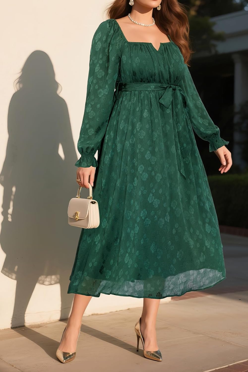 Women's Plus Size Fall Dress - Wedding Guest Long Sleeve Midi Semi Formal Square Neck Flowy Dresses - Image 4