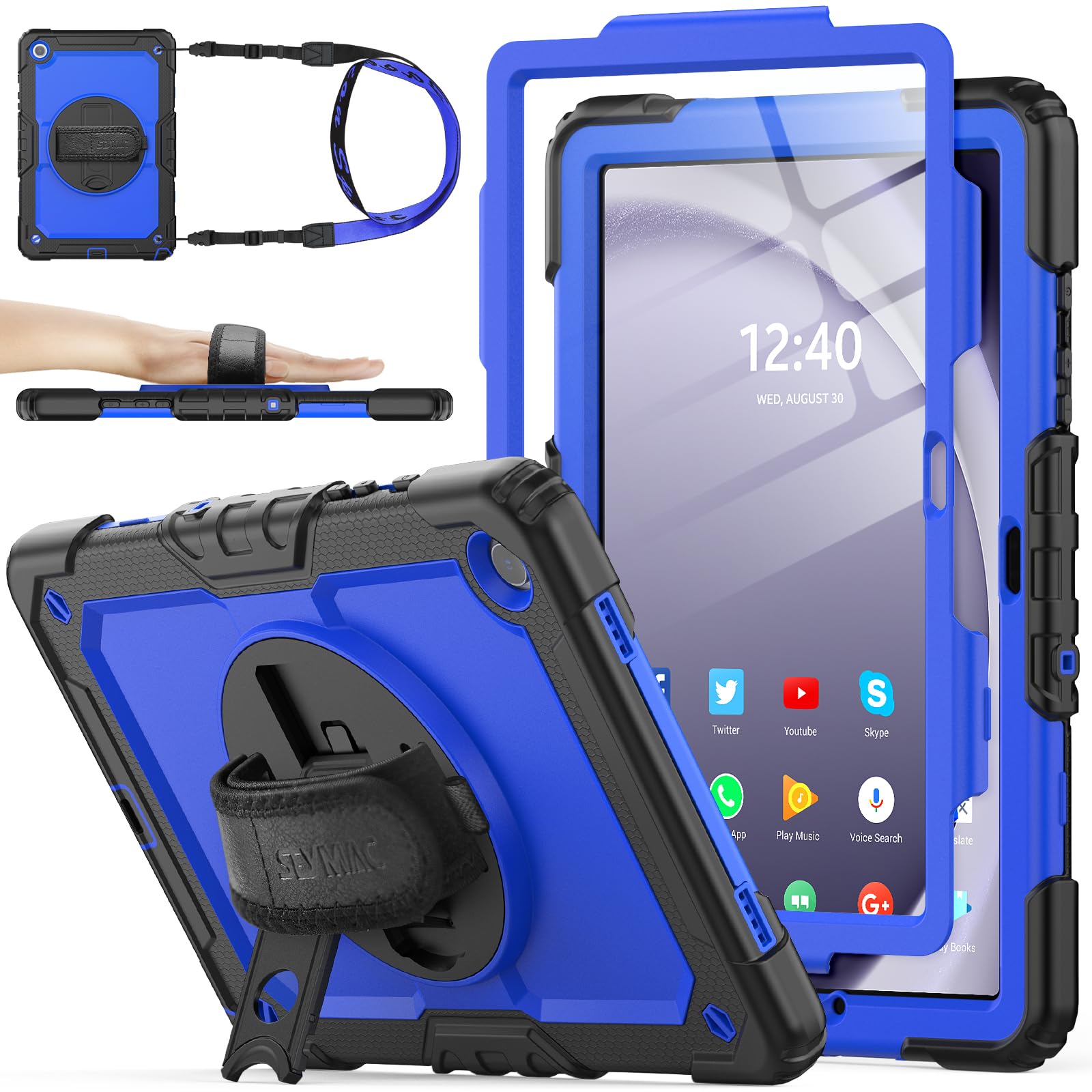 SEYMAC stock 360° Hand Strap Shockproof Case for Samsung Galaxy Tab A9 Plus 11 inch, Blue+Black