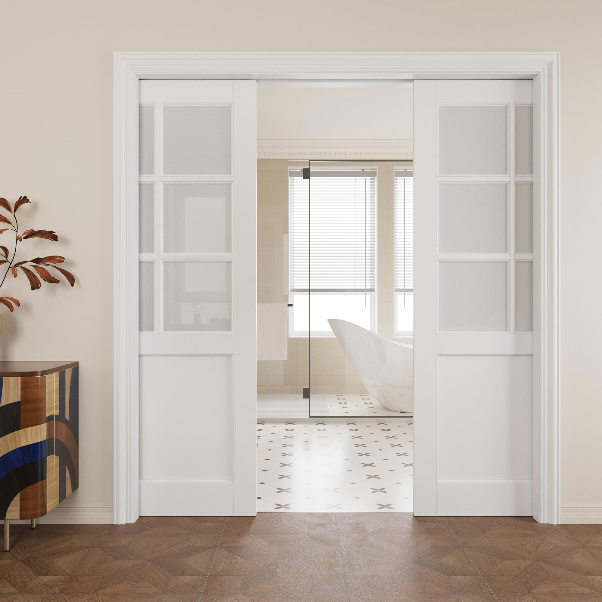 Pocket Door,6-Lite Frosted Glass Doors,Solid Door,64 x 80 Door