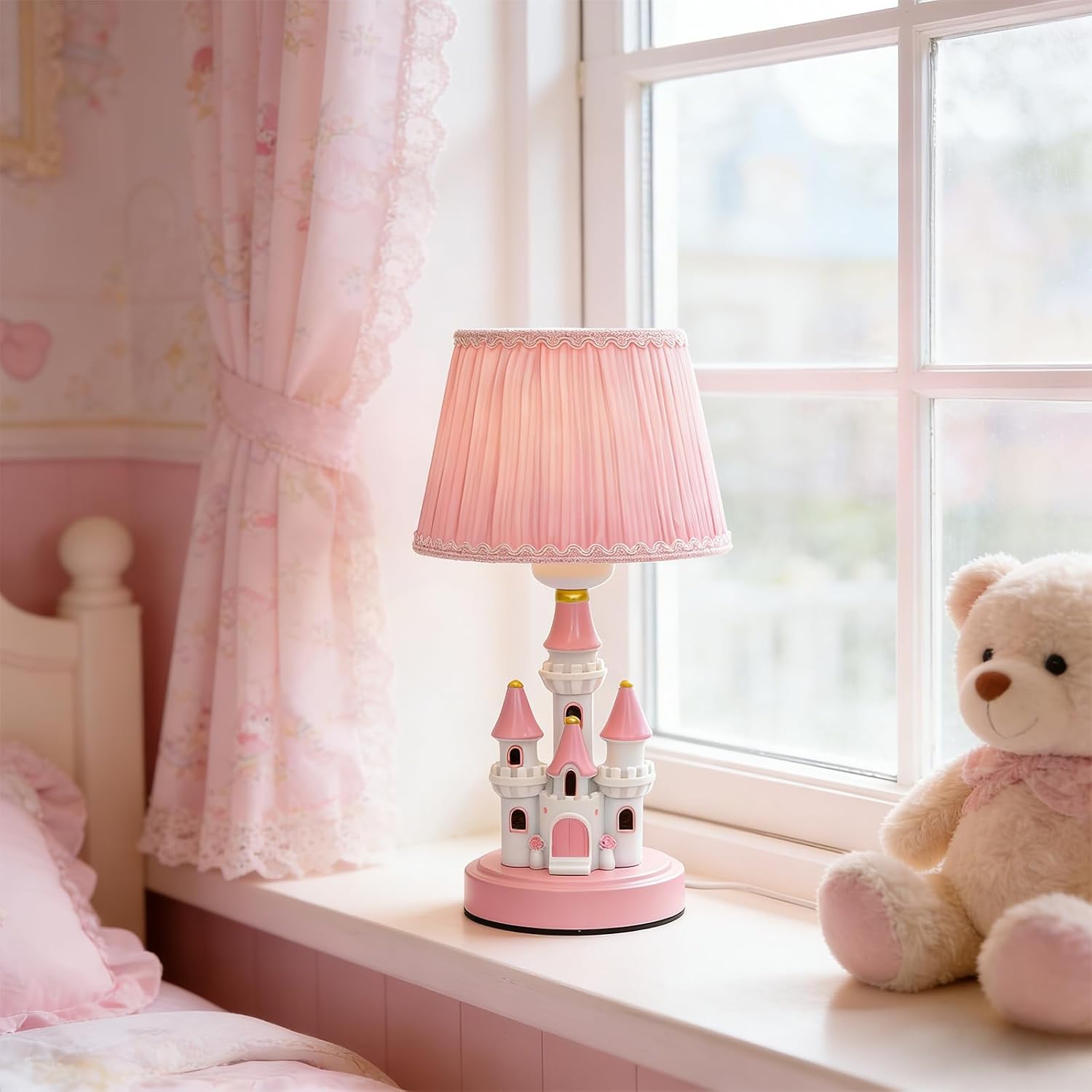 Ecliptix Kids Table Lamp, Adorable 14 Inch Castle Style Kids Desk Lamp, Pink Bedside Lamp Ideal for Girls Bedroom Decor, Includes LED Bulb(Pink Pleated Fabric Lampshade)