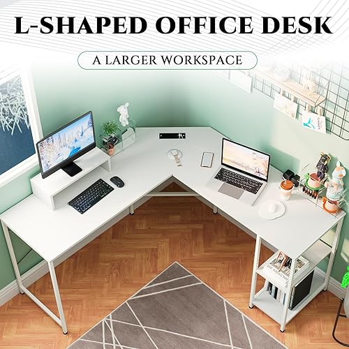 Miniatura 4 de Maxtown - Escritorio para computadora en forma de L con estantes, escritorio de oficina en casa con soporte para monitor y estantes de