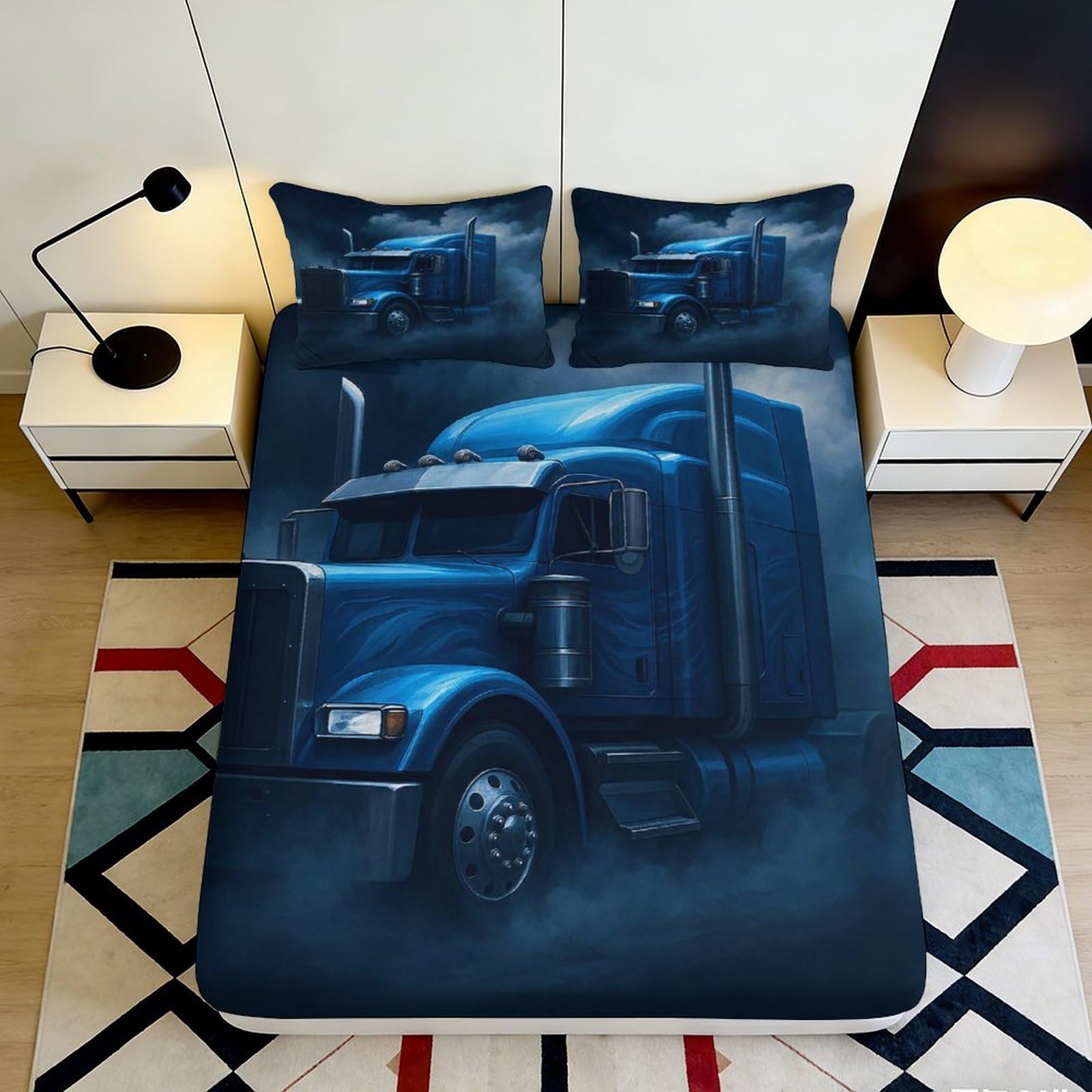 3D Printed Blue Truck Fitted Sheet Microfiber Soft Durable Foggy Road Mattress Cover for Bedroom Guest Room Decor 90x200x25cm
