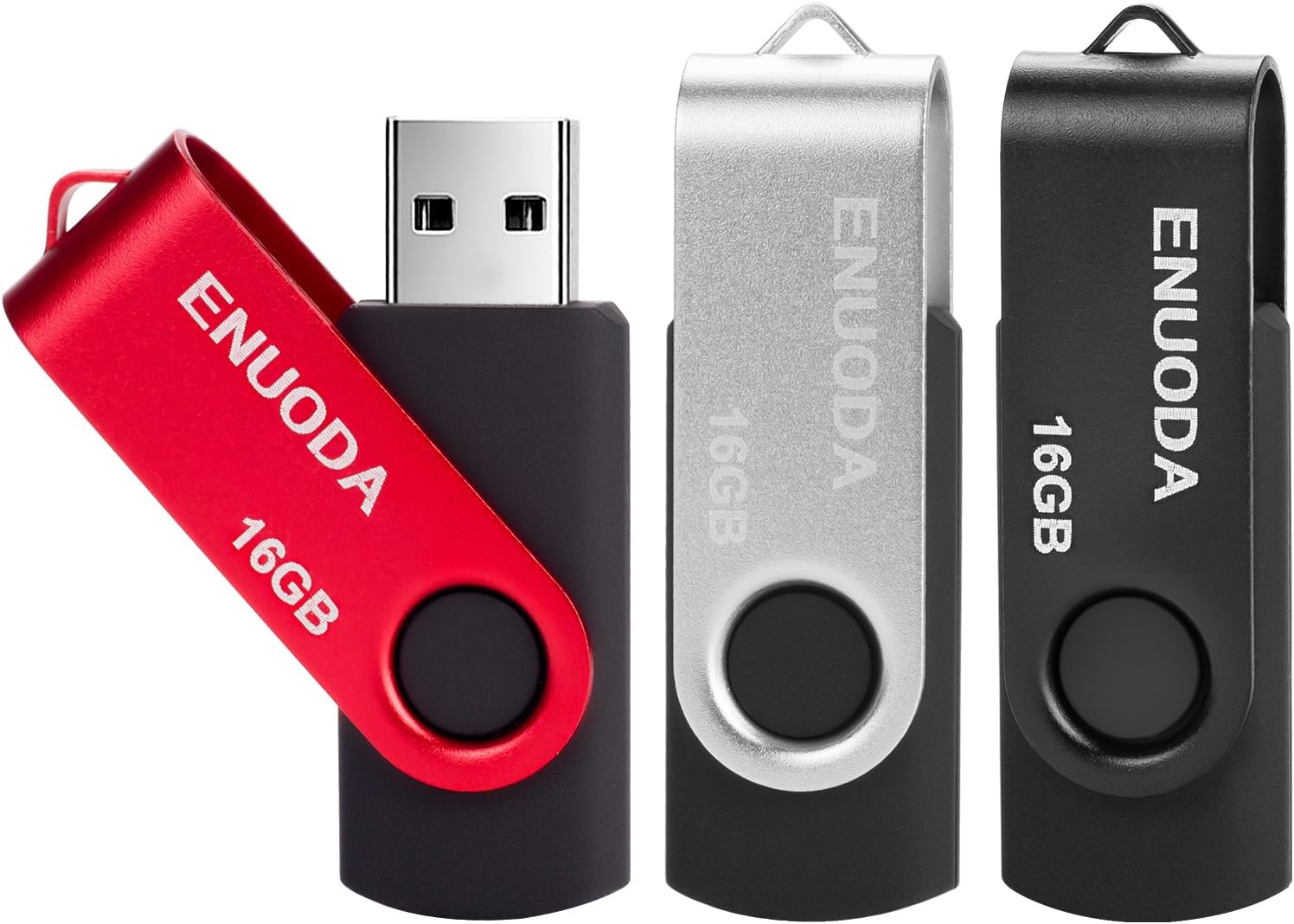 ENUODA 16GB Memory Stick 3 Pack USB 2.0 Flash Drive Swivel Design Pen Drive USB Stick Thumb Drive for Data Storage (Black Silver Red)