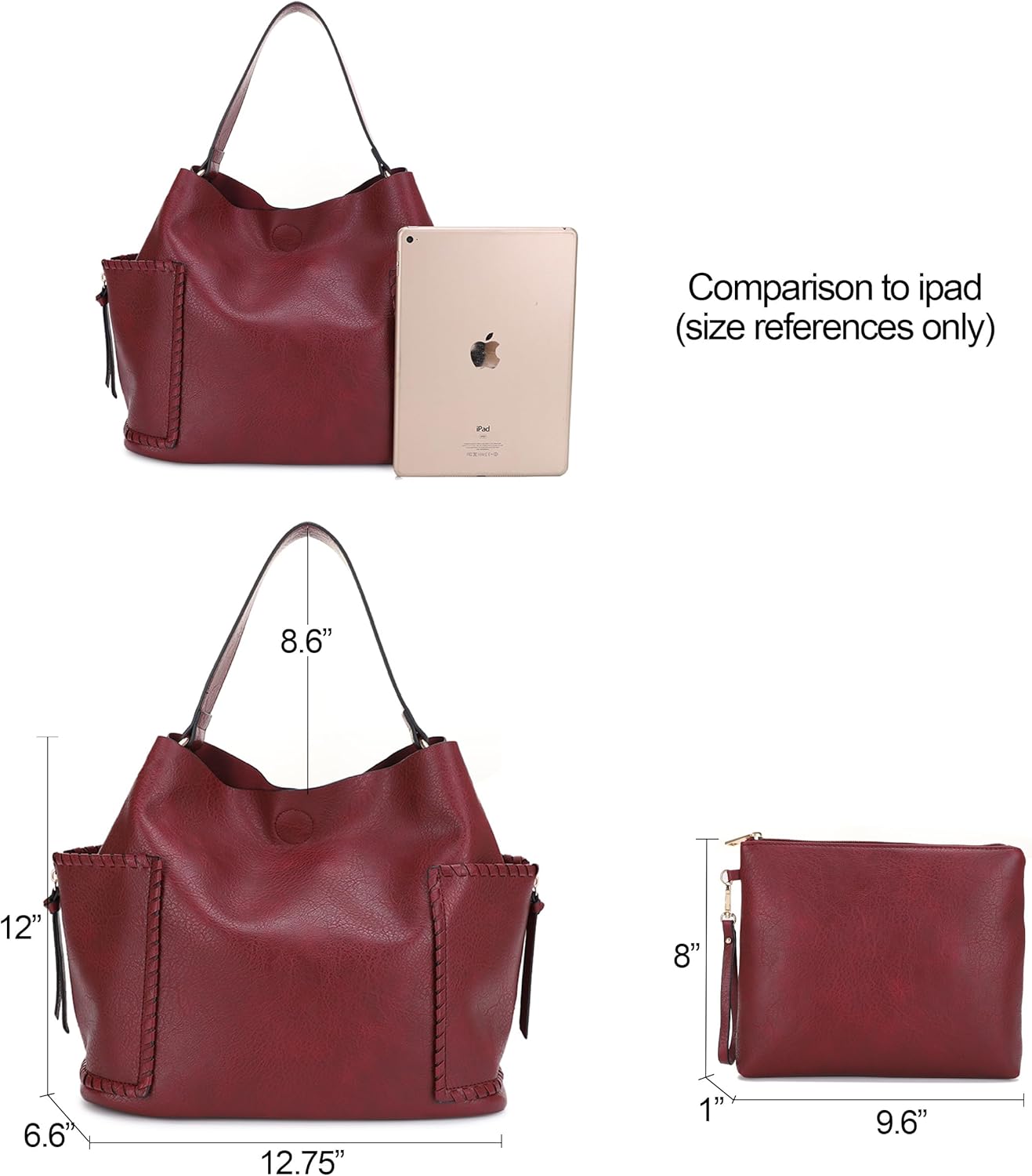 Large Vegan Leather Hobo Bag for Women Slouchy Shoulder Purse with Matching Wristlet Pouch