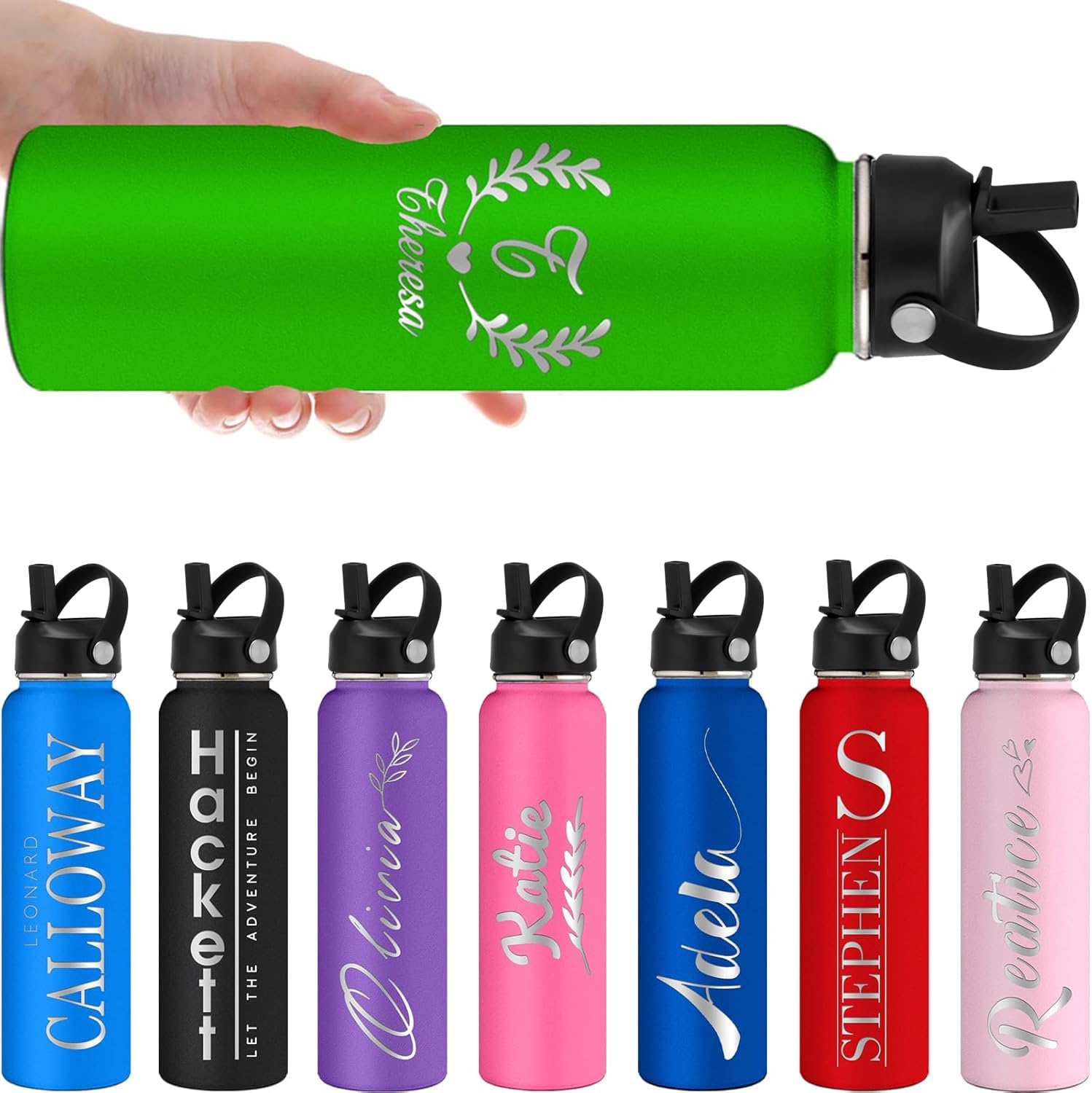 Personalized Water Bottles with Straw Lid 40 oz Custom Water Bottle Insulated Laser Engraved Water Bottle with Name Logo for School Sports Hiking