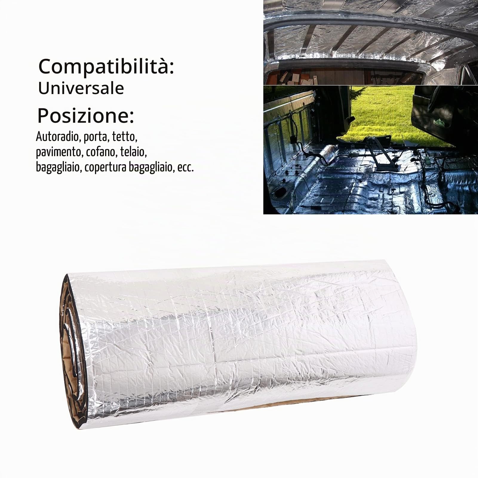 Fydun Tappetino Fonoassorbente, Isolamento Termico Auto 200x50cm, Schiuma Fonoassorbente 10mm Spessore, Riduzione Rumore Motore, Uso Universale per Coibentazione Cappuccio, Porte, Pavimento, Trunk | Alluminio e gomma cotone, per cofano porte e bagagliaio,