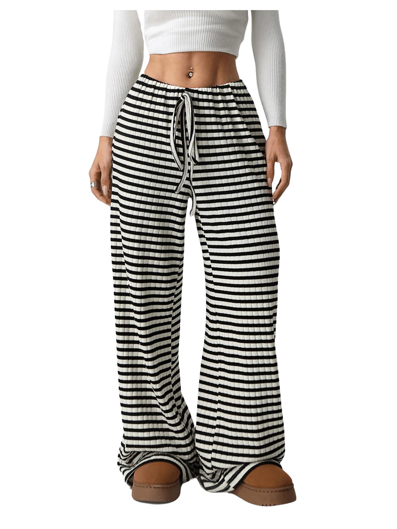 Womens Striped Pants Knit Lounge Pants Wide Leg Baggy Sweatpants Comfy Pajama Bottom