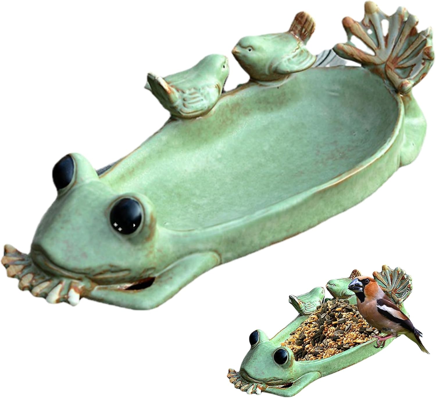 Ground Bird Feeder,Bird Bath Bowl, 13x5x3 Smooth Glaze Ceramic Frog Ground Bird Feeder, Multifunctional Weather-Resistant Bird Water Bowl for Outside Garden Yard Lawn,Ceramic Bird Bath
