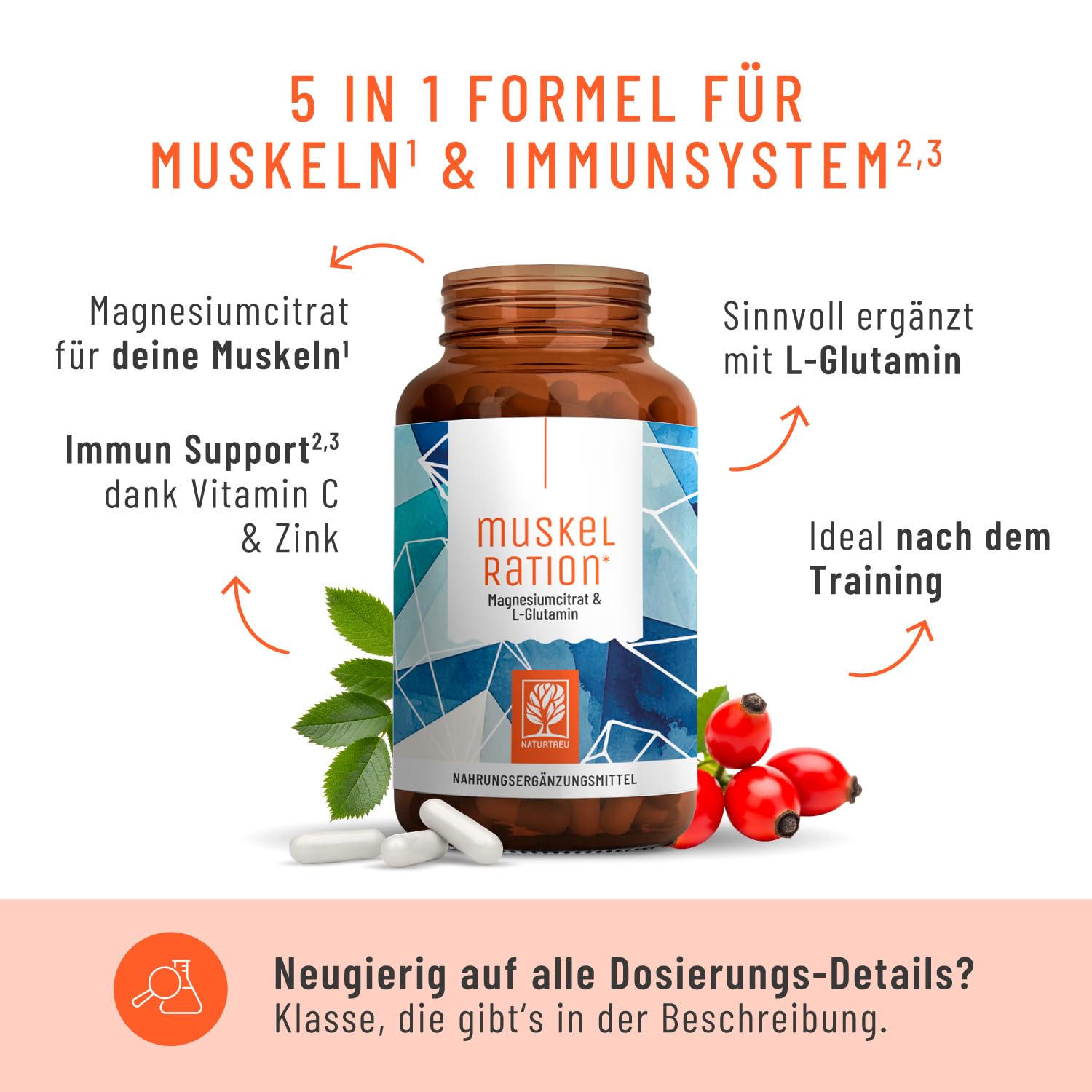 NATURTREU® Magnesiumcitrat hochdosiert - 450 Kapseln, hohe Bioverfügbarkeit | mit L-Glutamin, Zink und Vitamin C - Ideal nach dem Training - Magnesium-Komplex hochdosiert, Vorteilsbundle 5er Paket