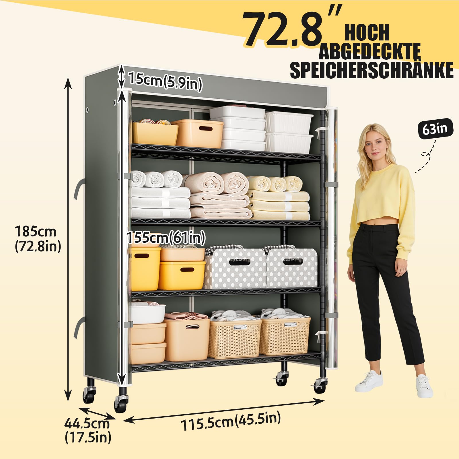 KZOBYD Scaffale alto 185 cm con copertura e ruote, scaffale in metallo resistente a 5 ripiani, scaffale in metallo con ripiani regolabili, scaffale portaoggetti per cucina e garage