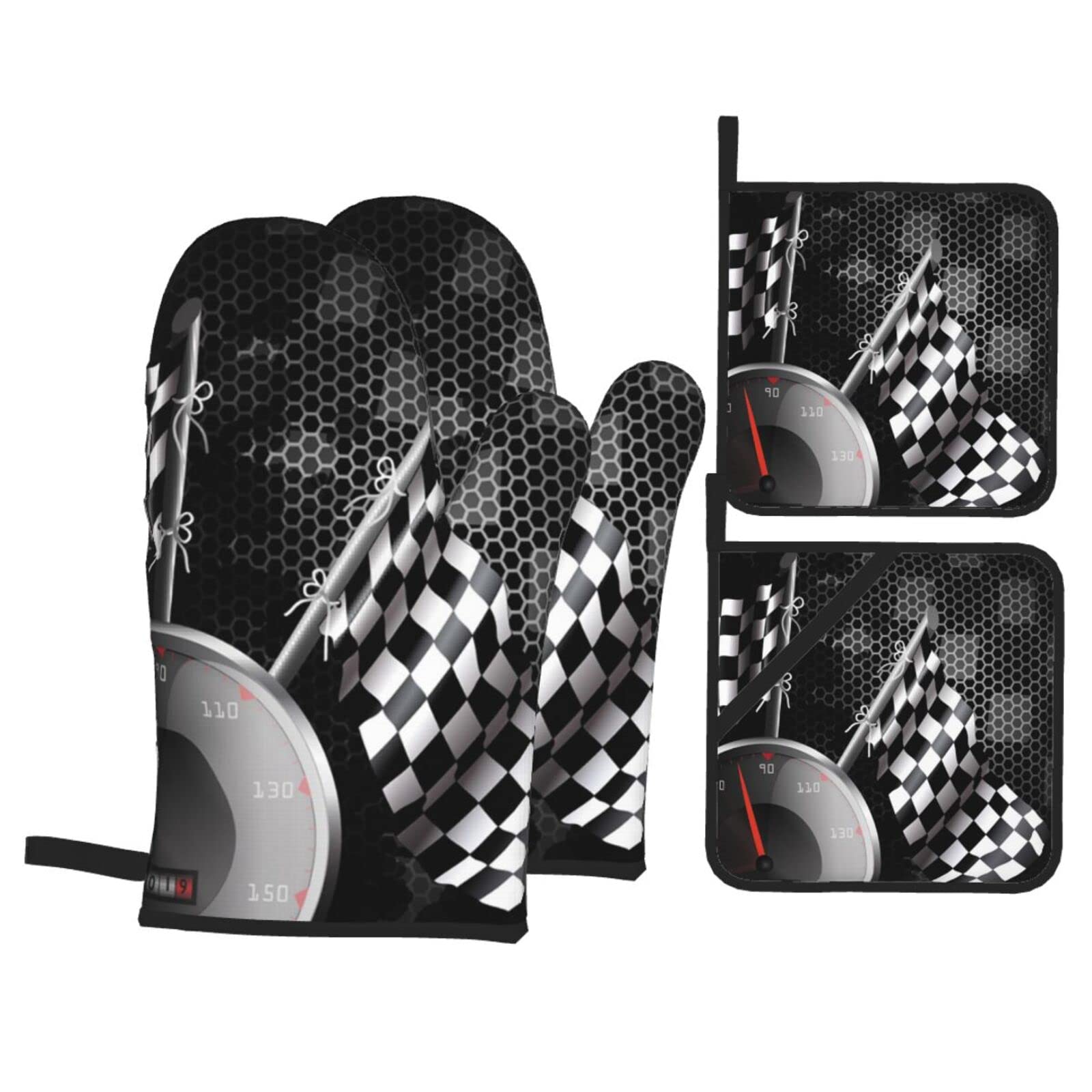 Checkered Flag Racing Print Kitchen Baking Four Piece Set of Heat Resistant Thick Cotton Oven Mitts for Cooking, Baking and Grilling