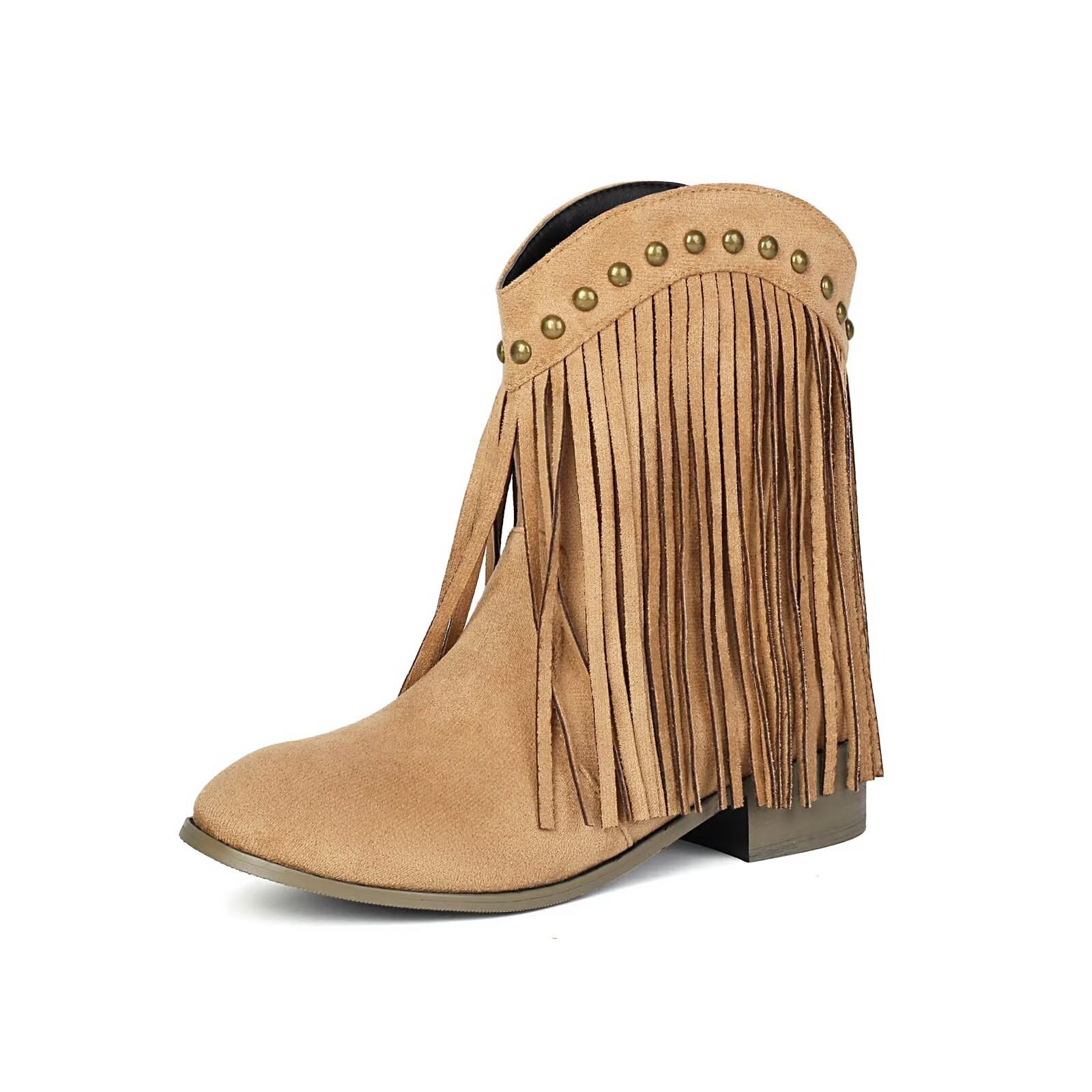 Joojaky Cowboy Boots for Women Ankle Western Fringe Booties Low Heel Rivet Boots