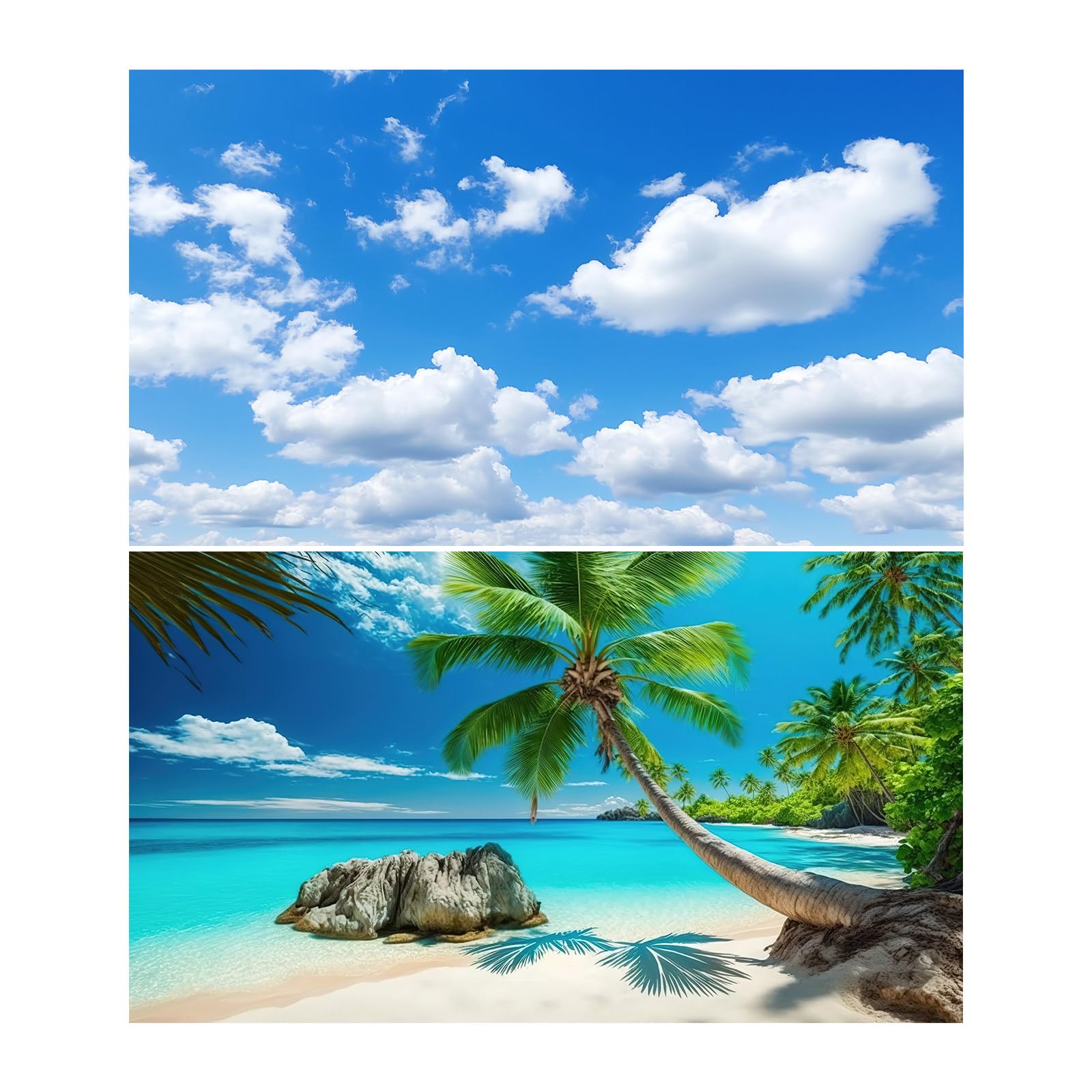 2 Packs Aquarium Background Cloudy Blue Sky Fish Tank Background Tropical Sunny Beach Seaside Coconut Ocean Beach Aquarium Backgrounds Island Amazing Coastal Landscape Fish Tank Backgrounds 24x16in