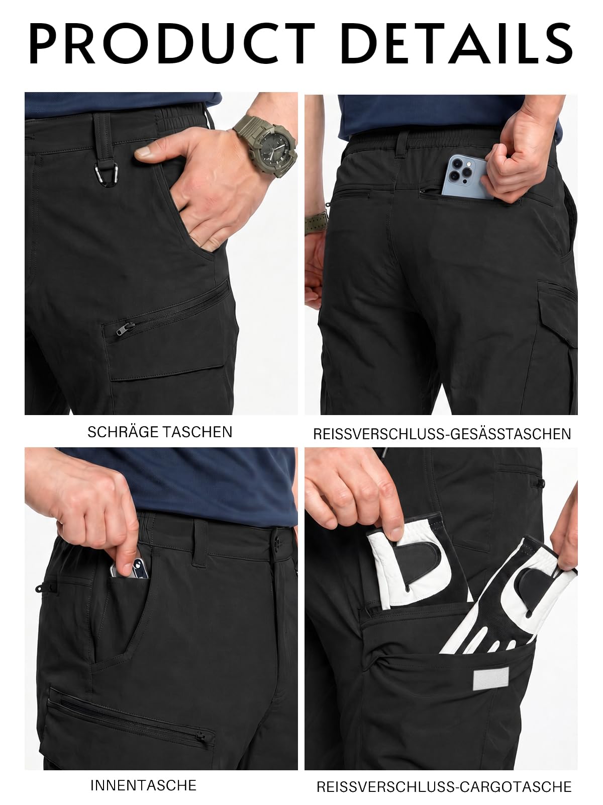Runcati Pantalon d'extérieur pour homme - Imperméable - Respirant - Léger - Avec plusieurs poches - Fermeture éclair - Séchage rapide