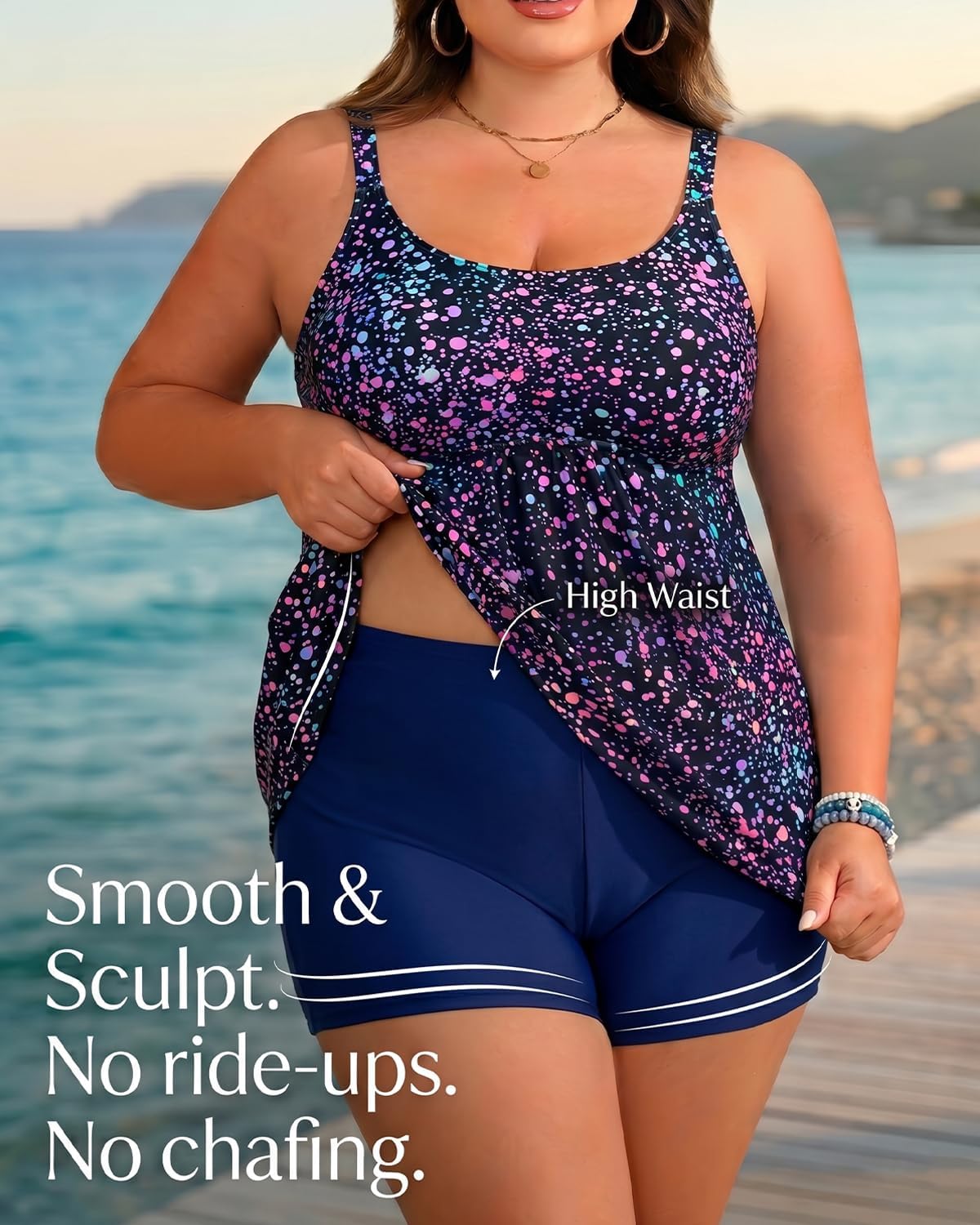 Holipick Plus Size 2 Piece Swimsuit - Women Tankini Bathing Suits Flowy Swim Top with Boy Shorts