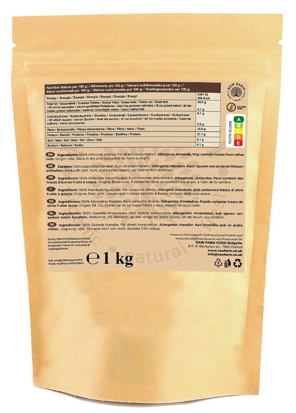 Raw Farm – Almendras crudas enteras – 1 kg | 100% naturales, sin tostar y sin sal | Veganas, aptas para Keto y Paleo | Ricas en proteínas y fibra