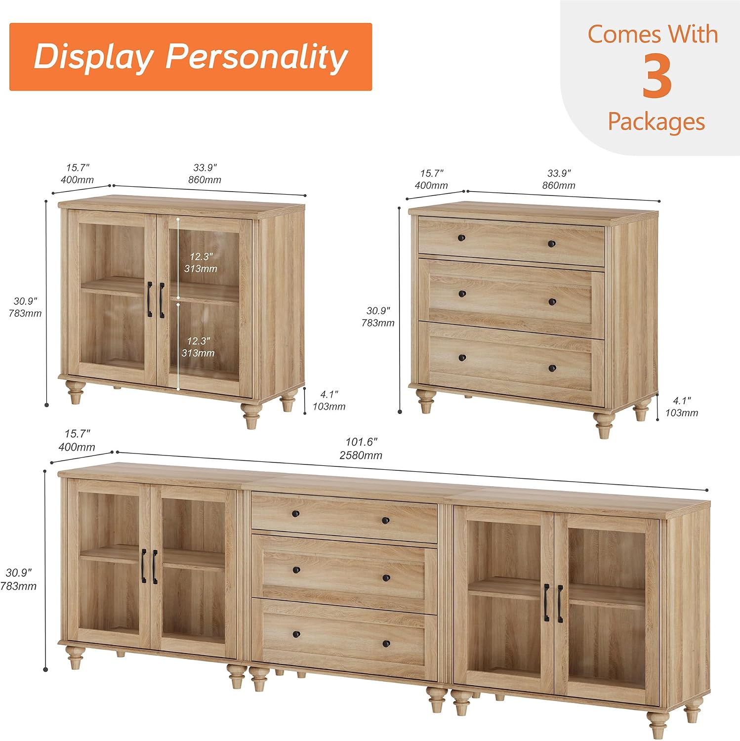 WAMPAT TV Stand for 100 Inch TV, 3-in-1 TV Console Table for 75/80/85/90 Inch TV, Entertainment Center with Glass Door & Drawer, Kitchen Sideboard Buffet Cabinet for Dining Room, Oak