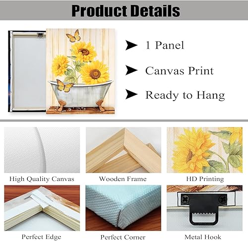 Miniatura 6 de DOARTDO Decoración de pared de baño de girasol, lienzo de flores amarillas, arte de pared, pintura floral rústica, marco de decoración de fotos de
