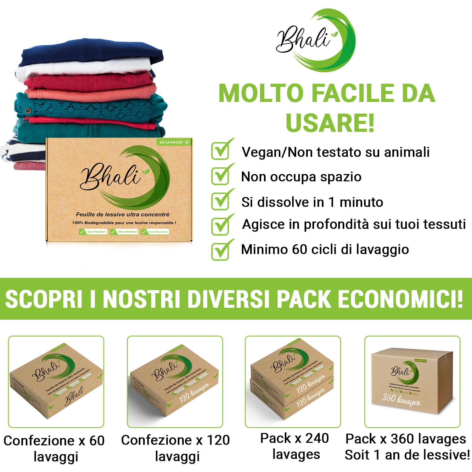 Detersivo ecologico biologico Offerta Bhali 3+1 Gratis | Detersivo in Fogli Lavatrice 240 Lavaggi | Compatto, Senza Plastica, Monodose | Profumo Fresco & Pratico per Tutti i Bucati
