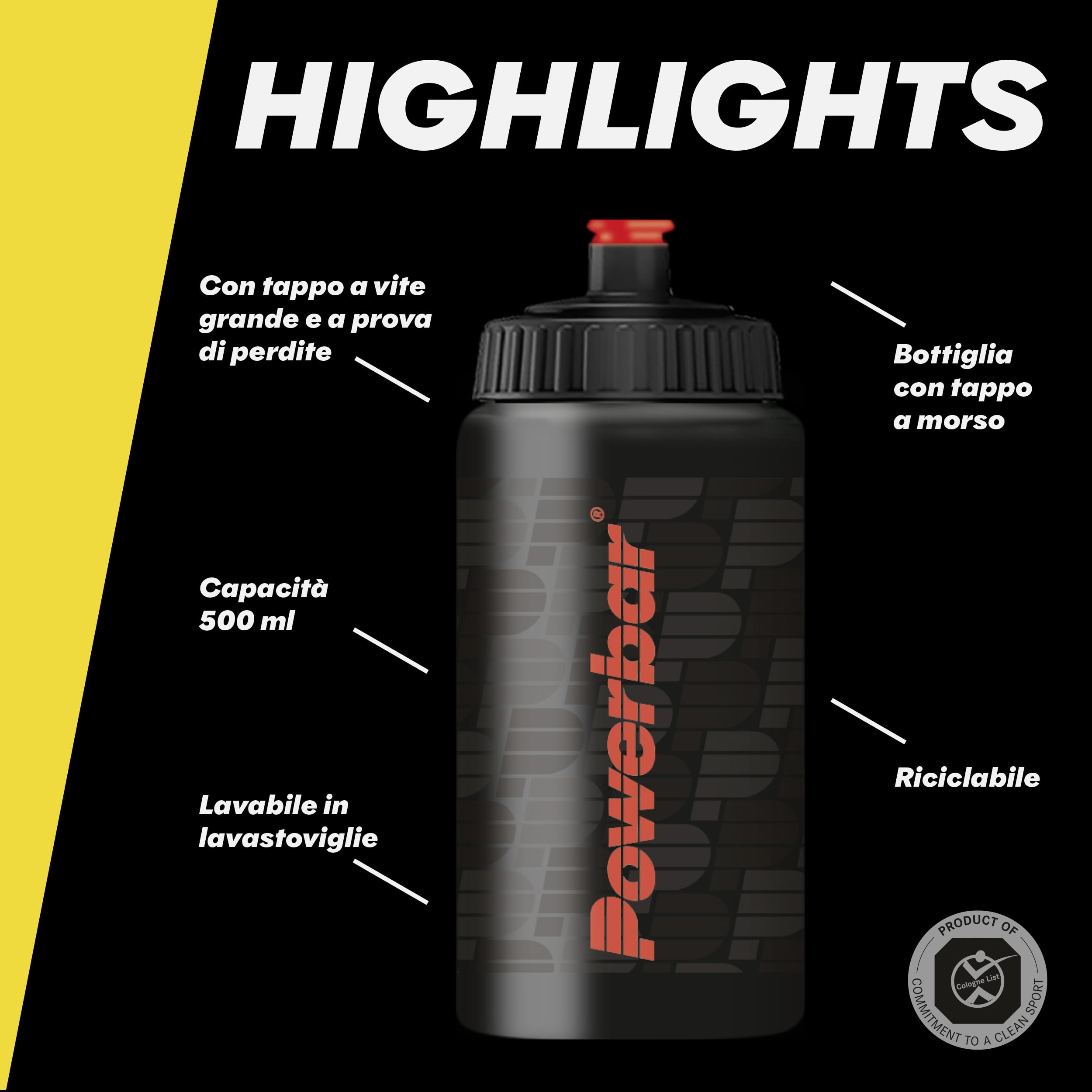 Powerbar – Borraccia Sportiva – 500 ml – nera – A prova di perdite e lavabile in lavastoviglie, senza BPA