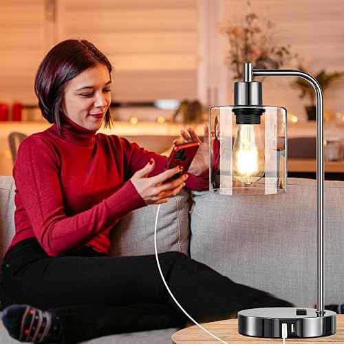 Miniatura 6 de Juego de 2 lámparas de mesa industriales con control táctil, lámparas de noche de níquel negro con 2 puertos USB y salida de CA, lámpara de