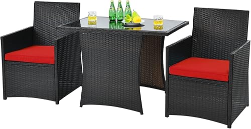 HAPPYGRILL Juego de mesa de comedor de mimbre de polietileno de 3 piezas con sillas acolchadas, juego de conversaciĂłn para patio trasero porche, HAPPYGRILL Juego de mesa de comedor de mimbre de polietileno de 3 piezas con sillas acolchadas, juego de conversaciĂłn para patio trasero porche,