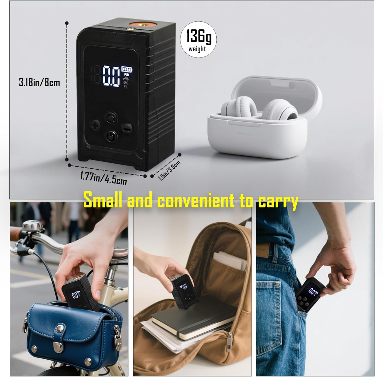 Mini Bike Tire Pump with Gauge 150PSI Portable Rechargeable Air Pump,Electric Air Pump with Presta and Schrader Valve for Road,Mountain Bike,E-Bike,Balls - Image 2